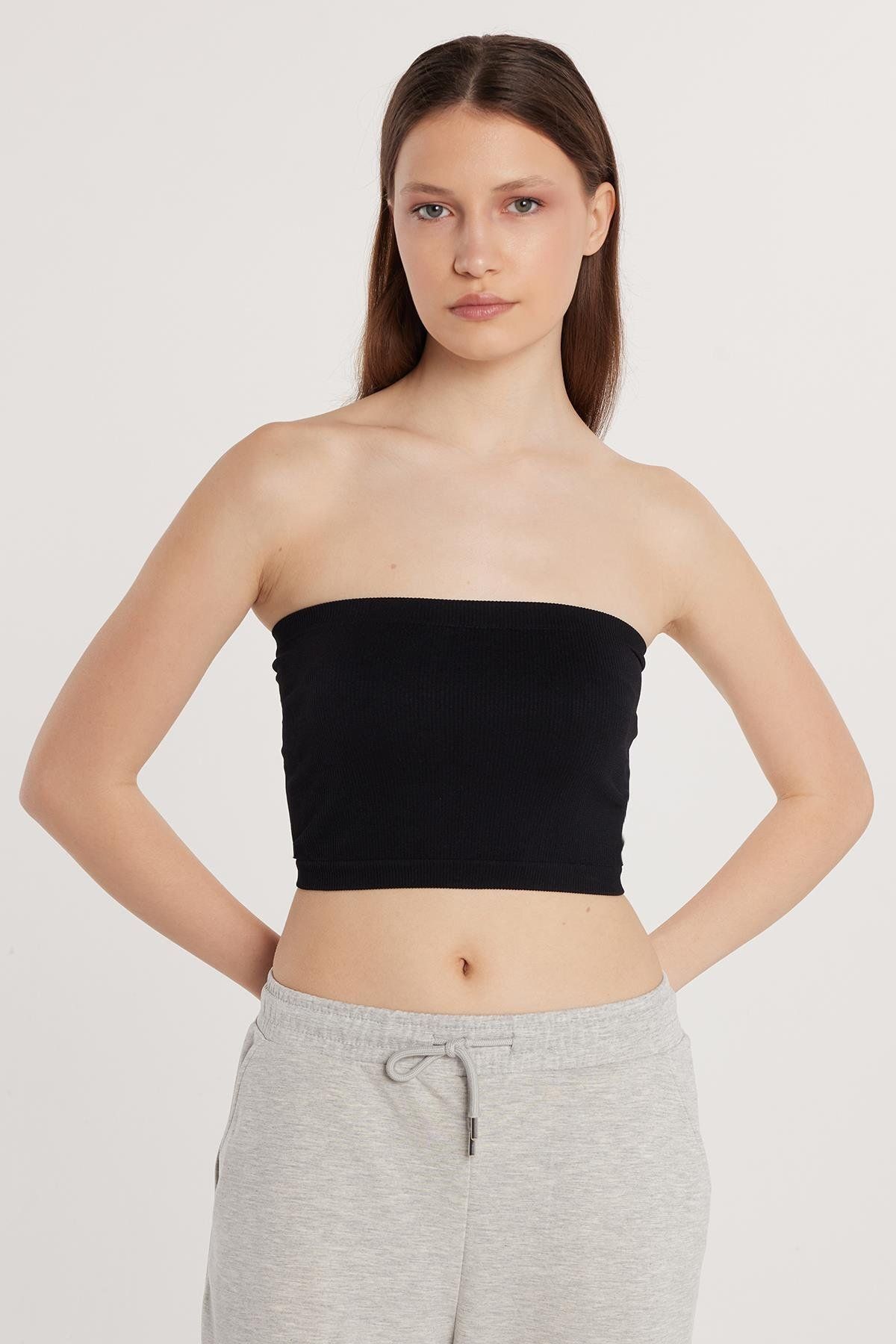 Tudors Kadın Slim Fit Dar Kesim Straplez Dikişsiz Siyah Crop Atlet