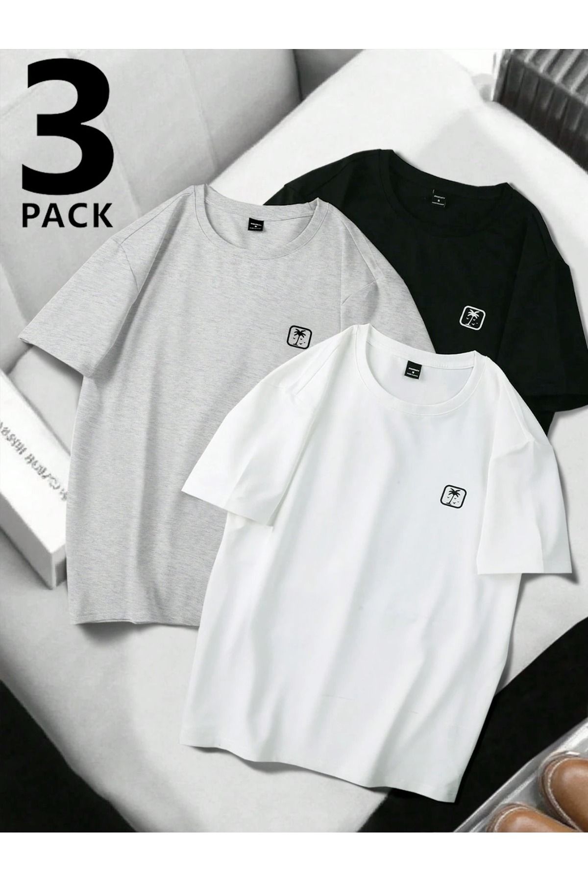 PAVRO Unisex Tshrt Pavro rahatkesim palmiye baskılıçoklu renkli 3lü seri tshrt