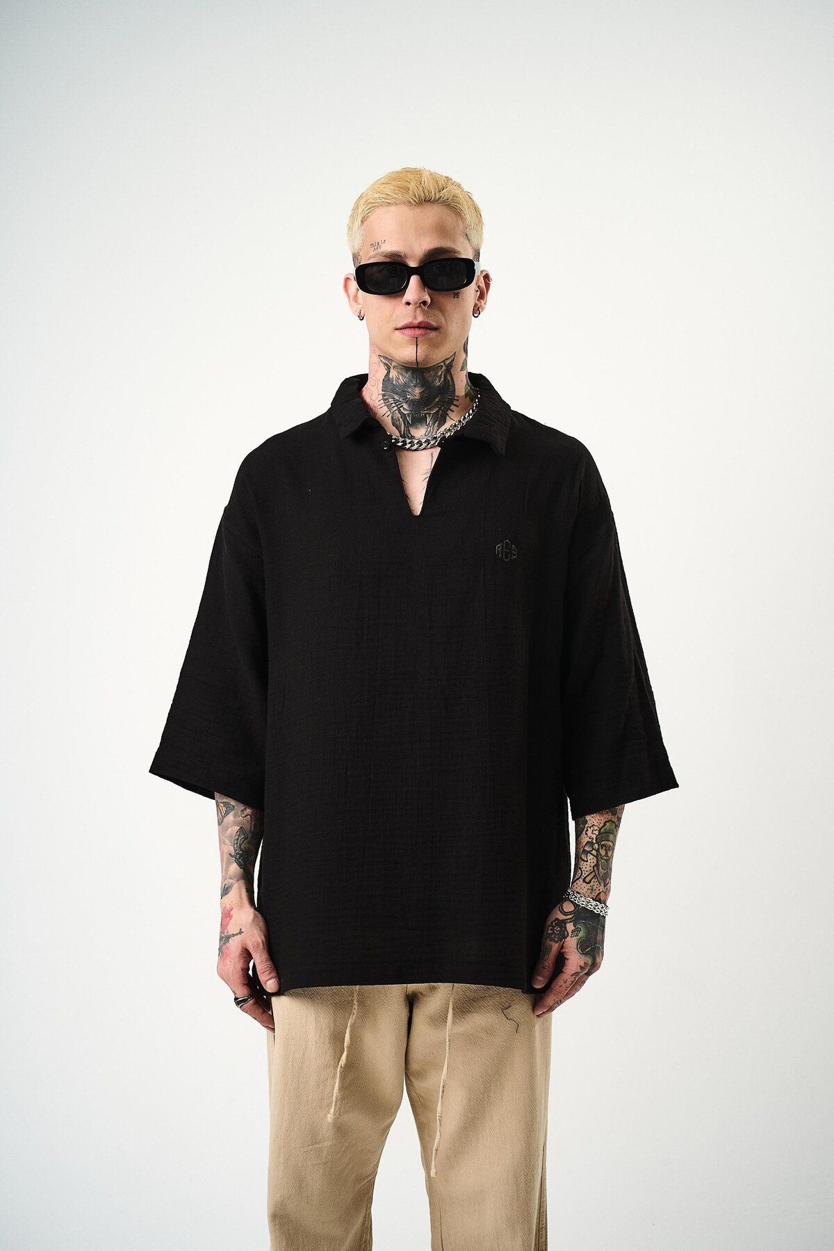 Respire Erkek Polo Yaka Fakir Kol Müslin Oversize T-Shirt Siyah