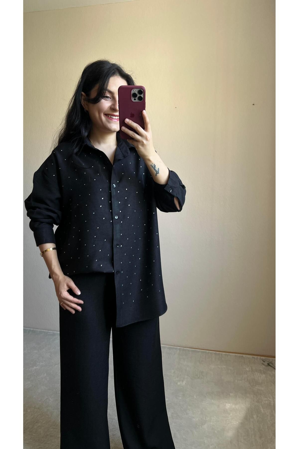 STEALLE MODA GİYİM Taş Detaylı Ham Keten Takım-1065