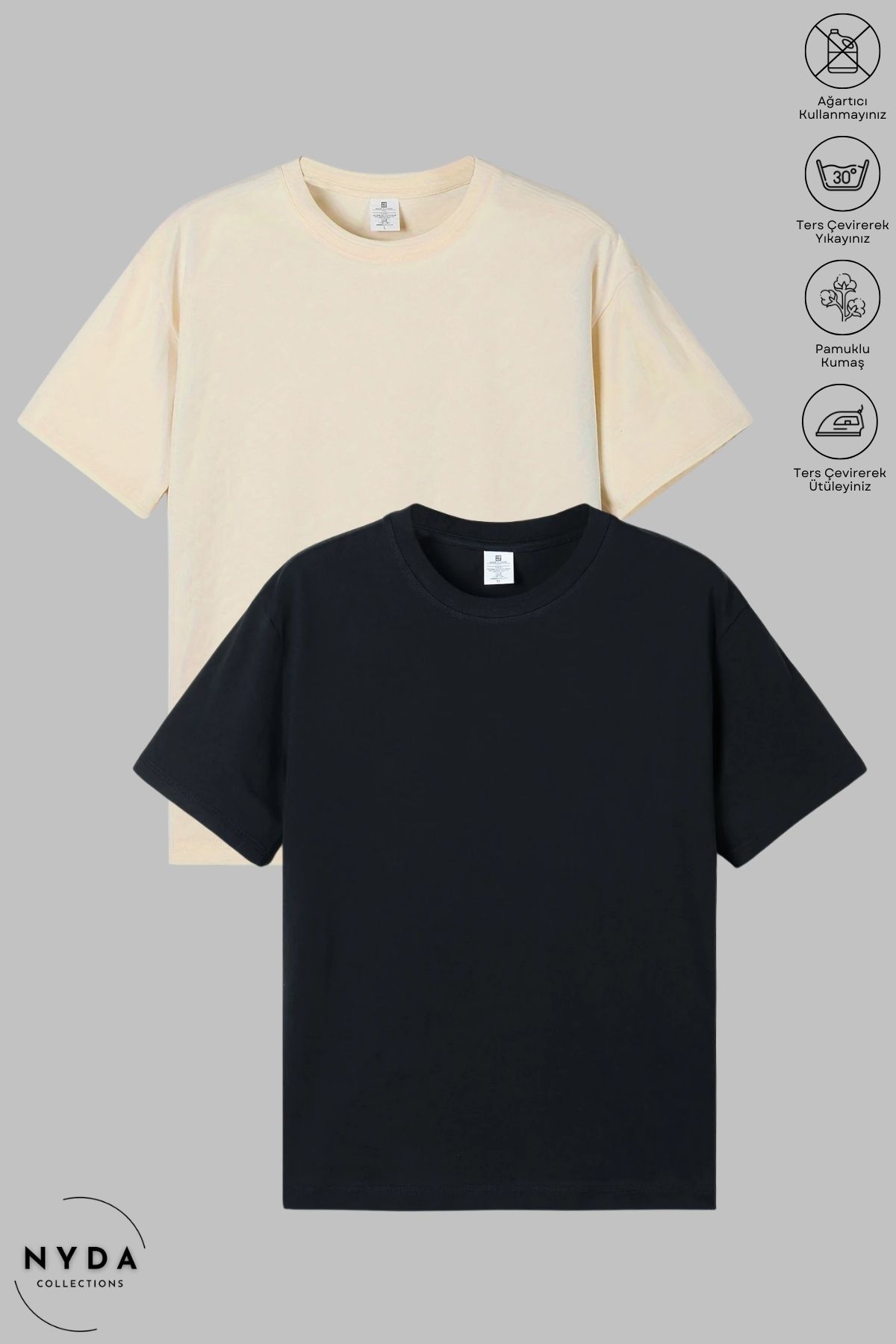 Nyda Collections Unisex Bisiklet Yaka Baskısız Pamuk Oversize Siyah - Bej 2li Kısa Kollu Tişört Takım