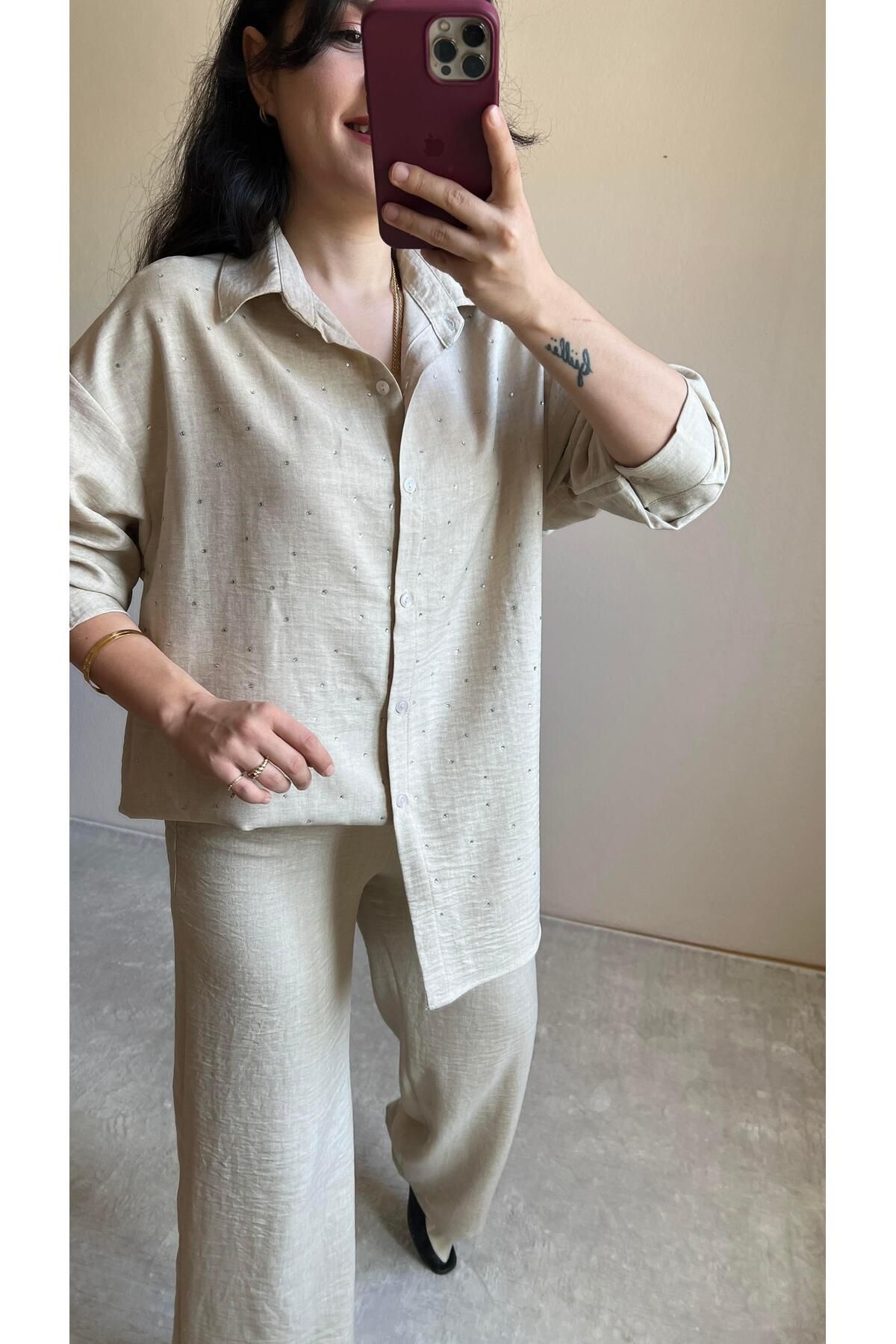 STEALLE MODA GİYİM Taş Detaylı Ham Keten Takım-1065