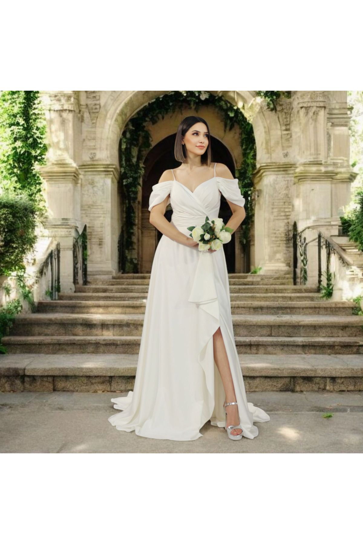 FaBe Fashion Kruvaze Yaka İp Askılı Düşük Omuzlu Yırtmaçlı Sırtı Bağcıklı Saten Dış Çekim Ve Nikah Elbisesi