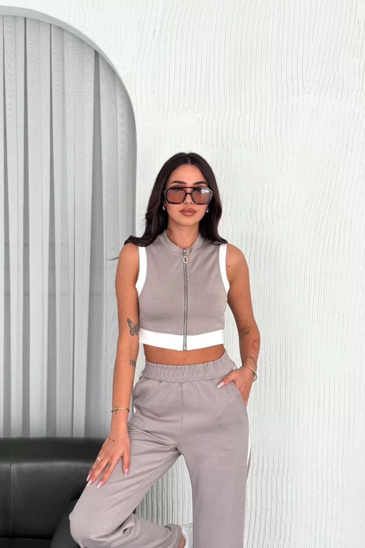 İndigo Park Kadın İkili Takım crop pantolon Osy Modal Yumuşak Dokulu Kumaş Tam Fermuarlı