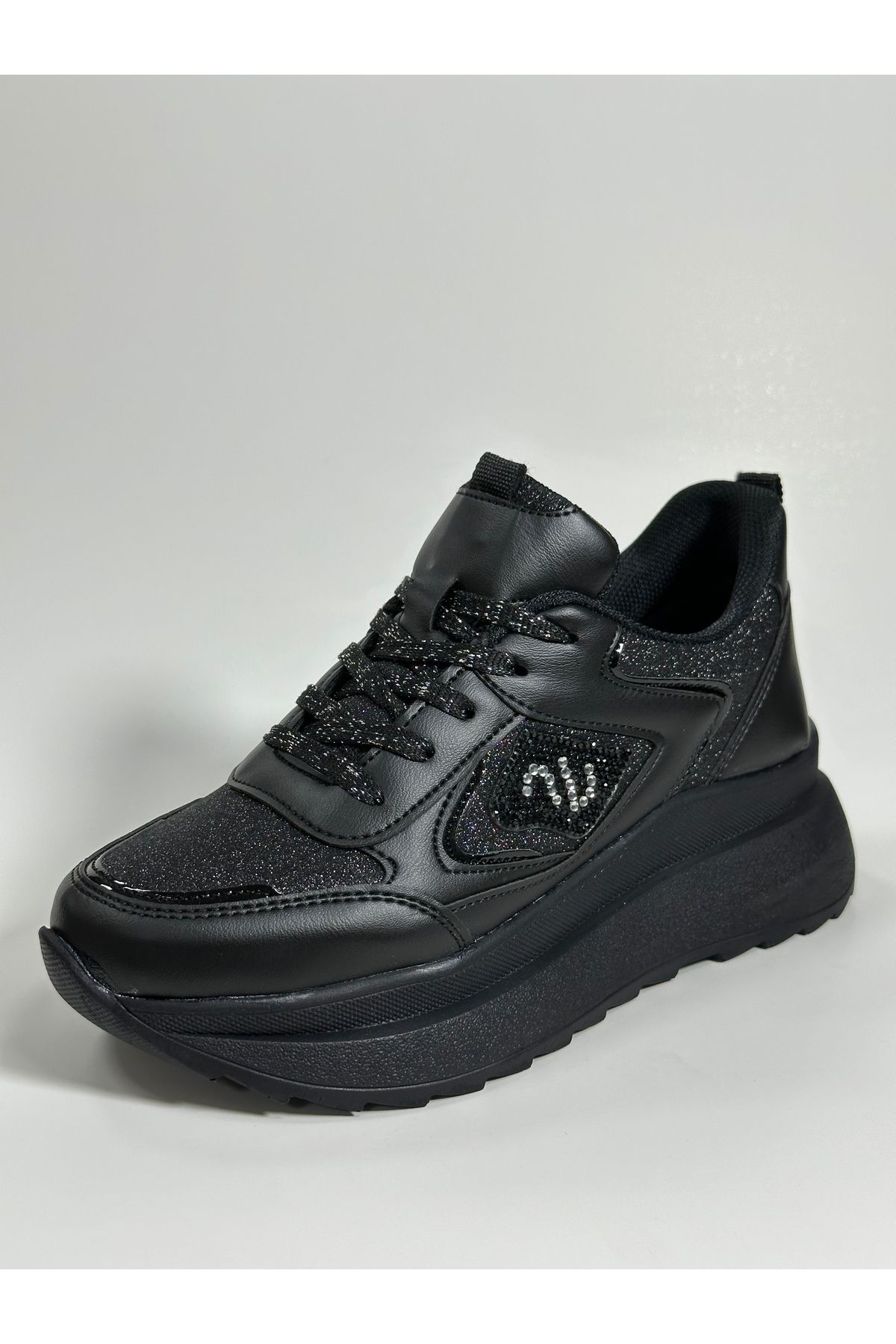 ZNG SHOES Siyah Simli Detay Taşlı Bağcıklı Dolgu Yüksek Tabanlı Kadın Sneaker Spor Ayakkabı