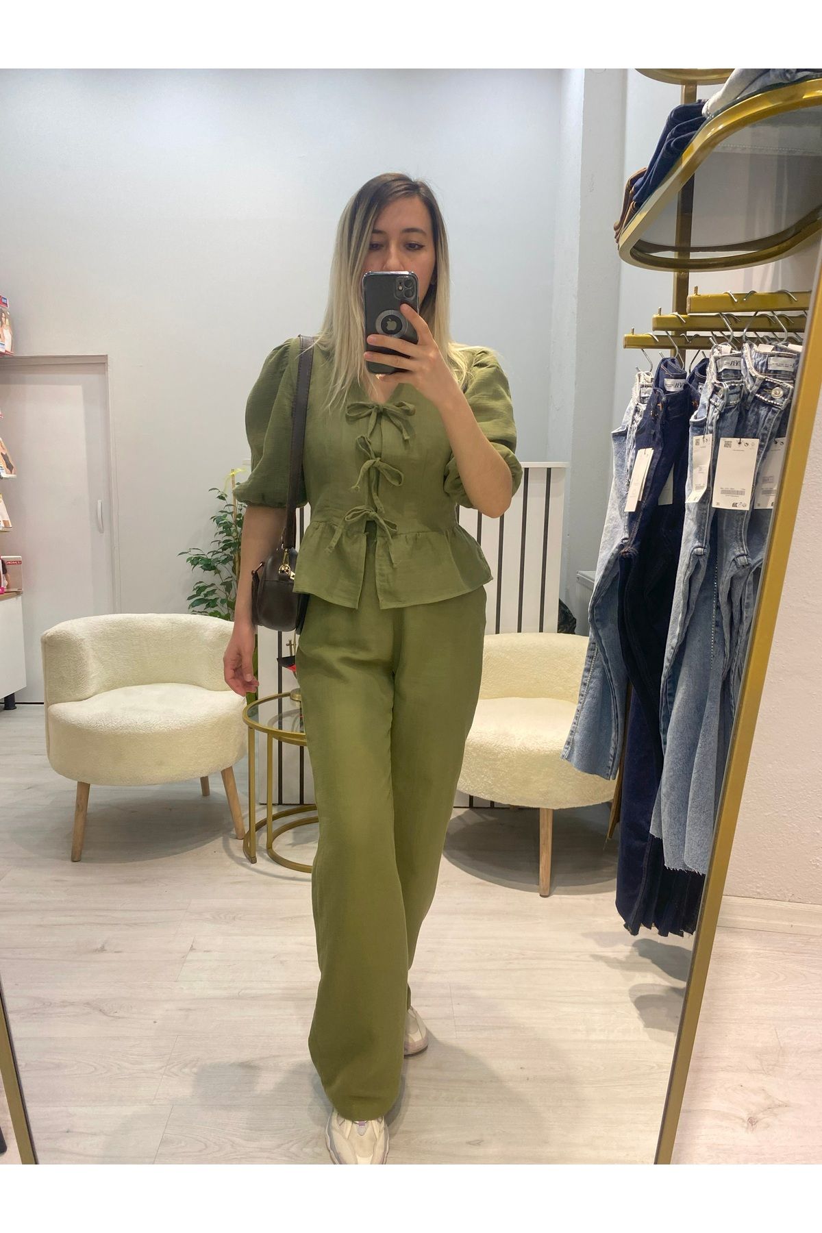 Roseden Kadın Bağlama Detaylı Kısa Kollu Bluz Pantolon Alt-Üst Takım 9265 60281014