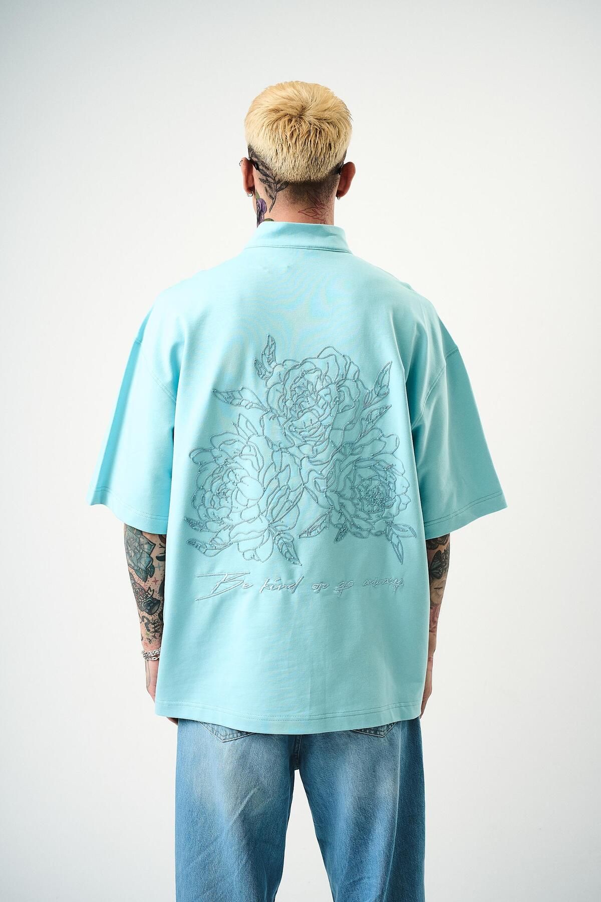 Respire Erkek Be Kind Nakışlı Yarım Fermuarlı Oversize T-Shirt Bebe Mavi