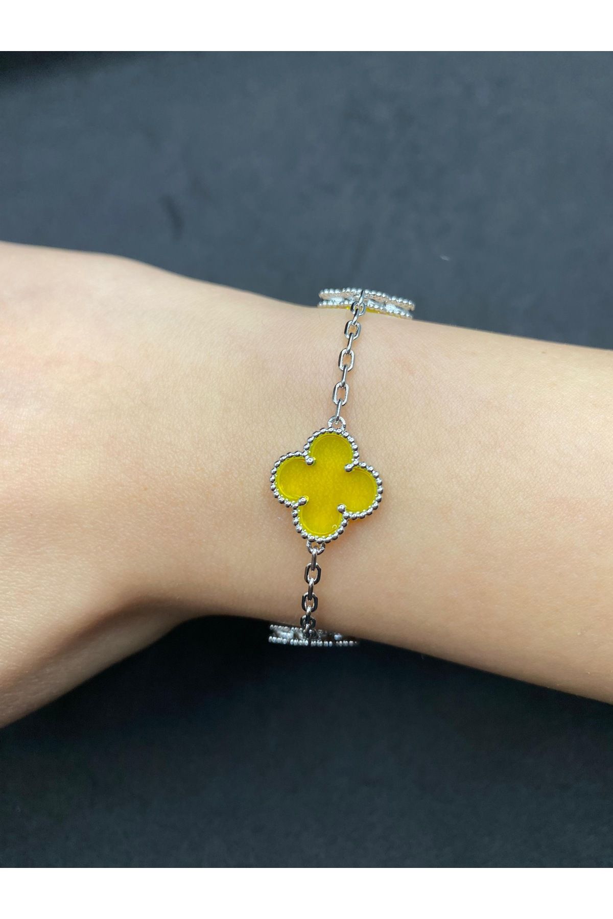 Jiji Jewelery 1. Kalite Van Cleef Çift Taraflı Mineli Paslanmaz Çelik Bileklik 17 cm