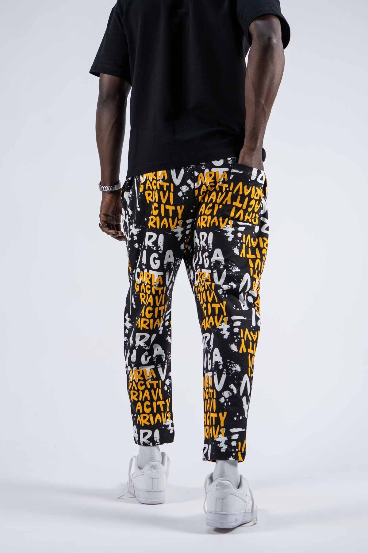 SUPERBLUE-Men's Patterned Loose Yellow Trousers with Elastic Waist 4
