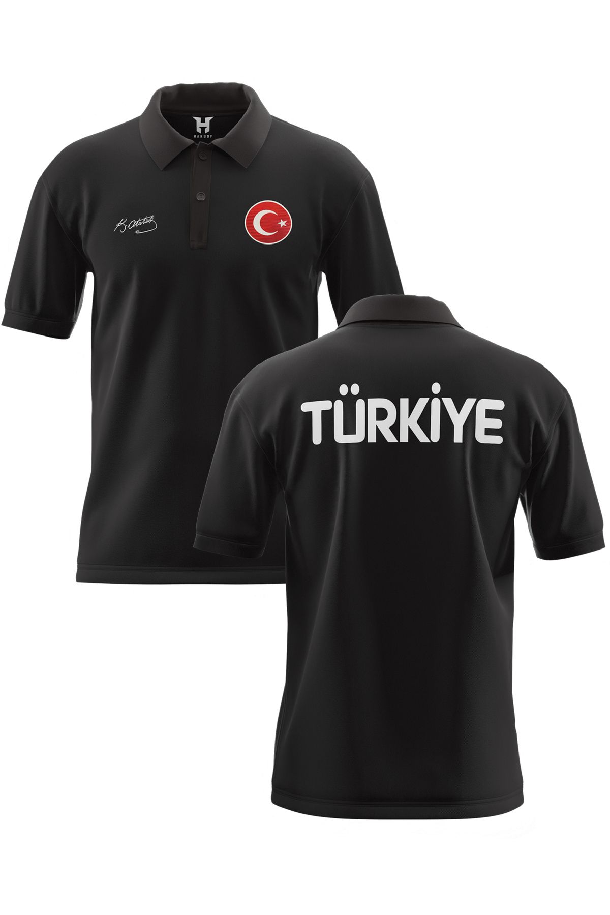 hakuof Atatürk İmzalı Türkiye Tişört Pamuklu Yakalı Metalize Orijinal Türk Bayrağı