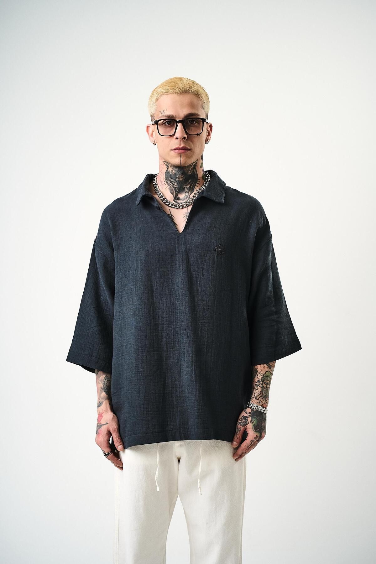 Respire Erkek Polo Yaka Fakir Kol Müslin Oversize T-Shirt Füme