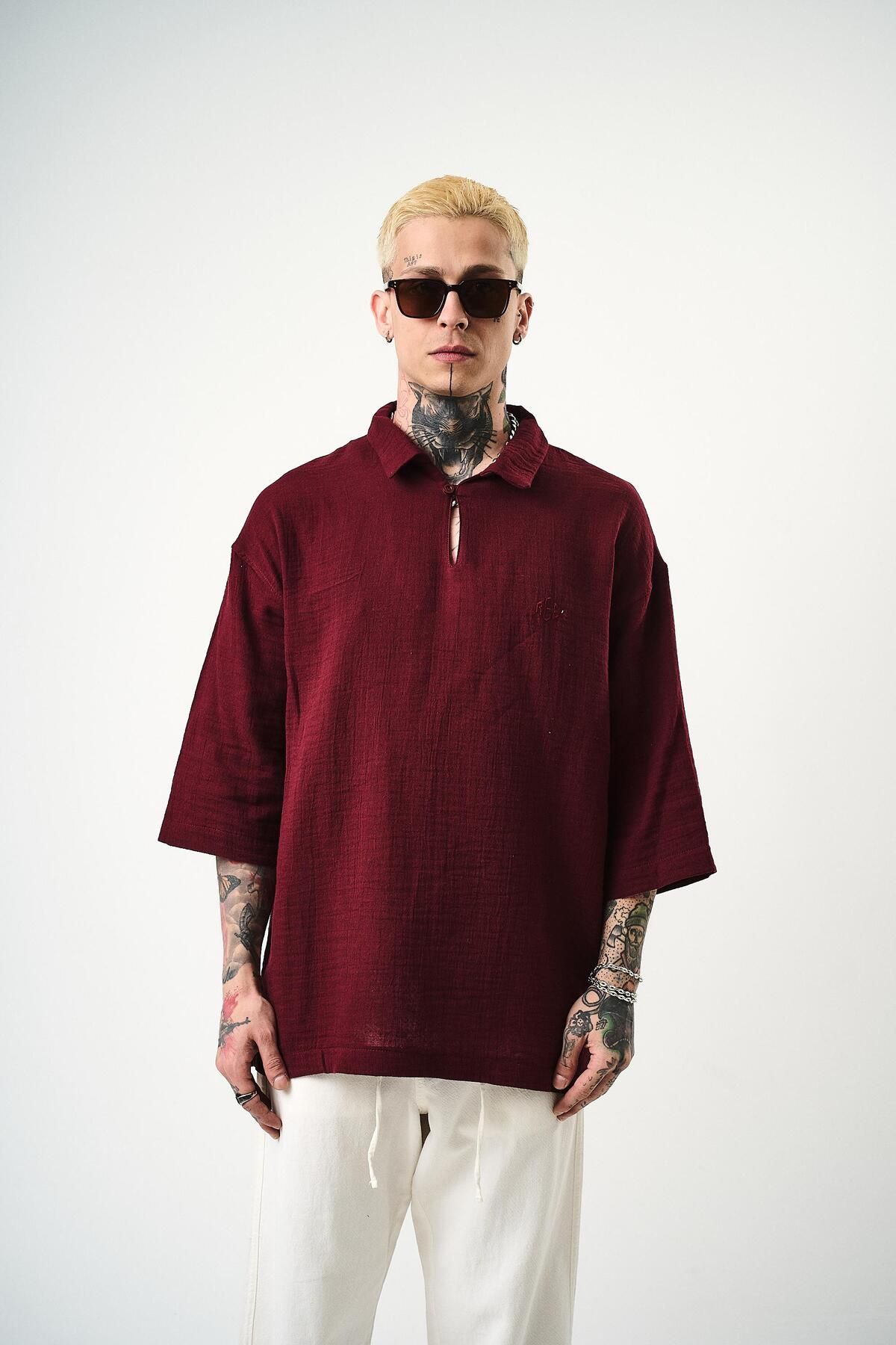Respire Erkek Polo Yaka Fakir Kol Müslin Oversize T-Shirt Bordo
