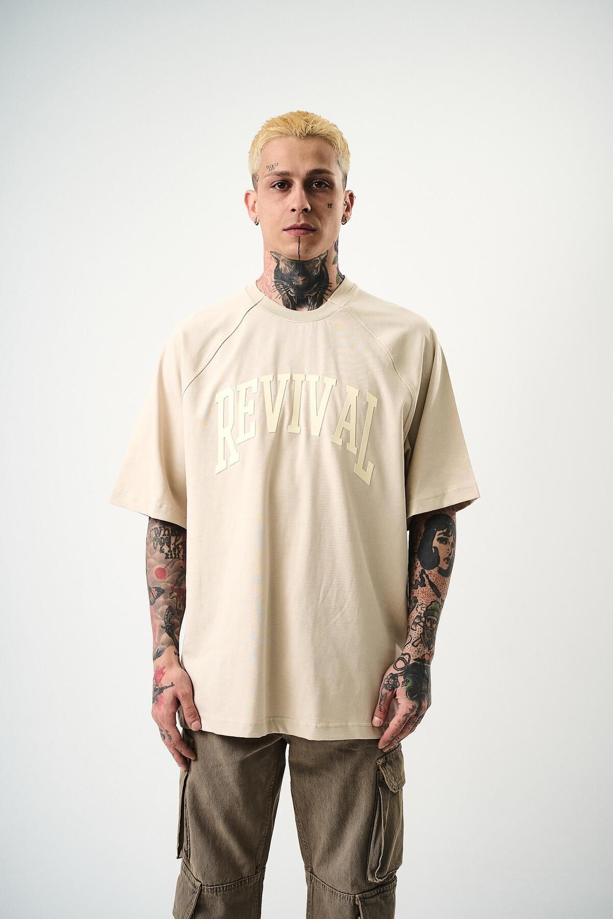 Respire Erkek Revival Baskılı Oversize T-Shirt Bej