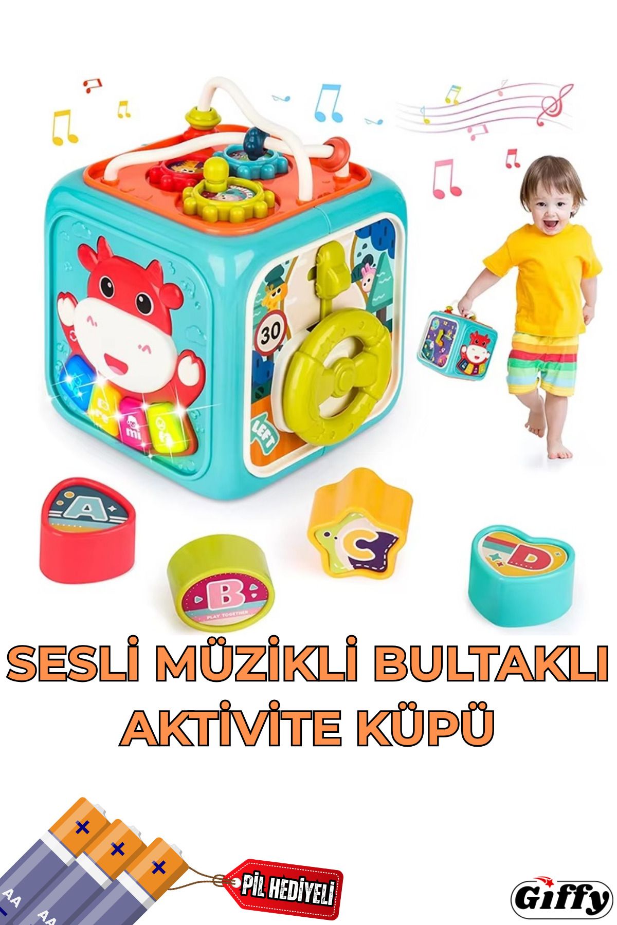 giffy Oyuncak Sesli Müzikli Işıklı Piyanolu 6in1 Eğlenceli Taşınabilir Bultaklı Aktivite Küpü
