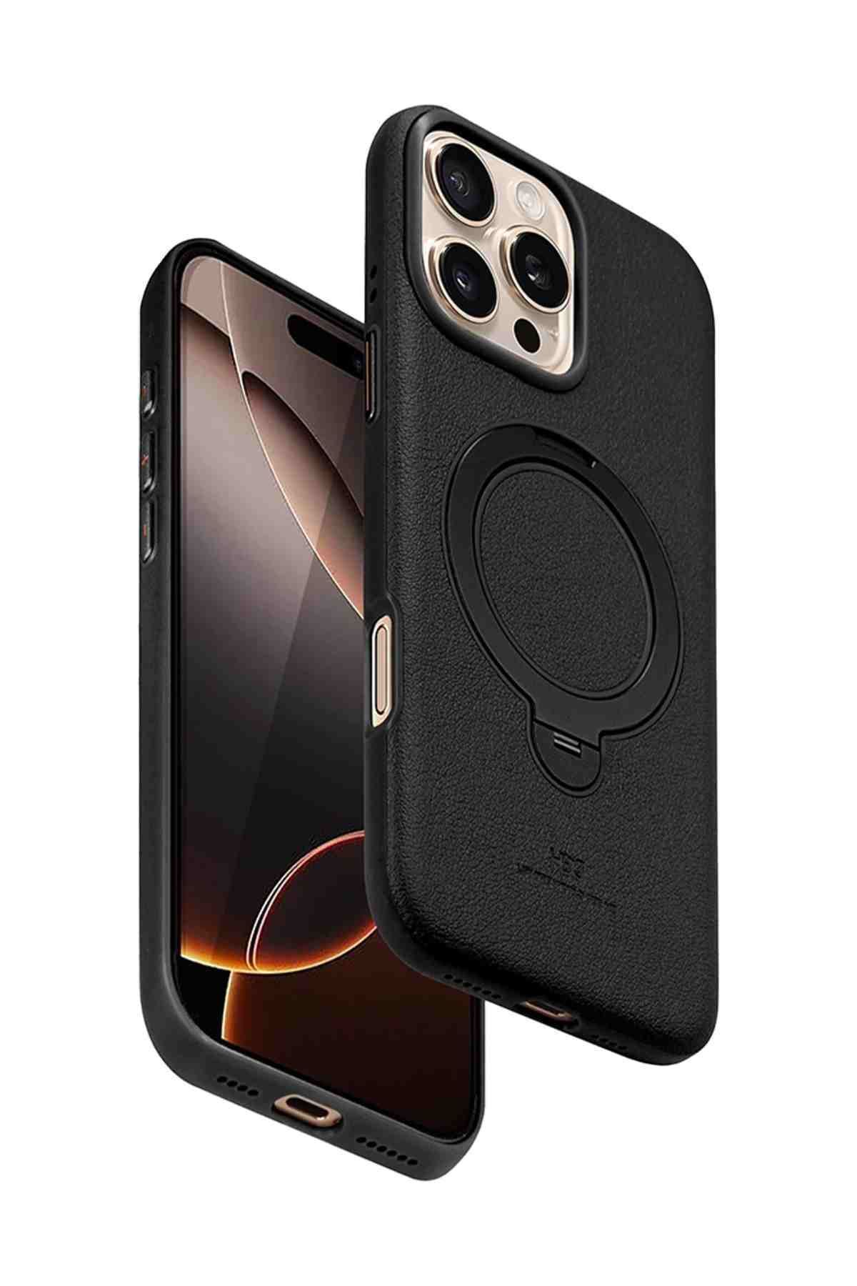 qpen iPhone 16 Pro Uyumlu Manyetik Şarj Özellikli Standlı Deri Kapak