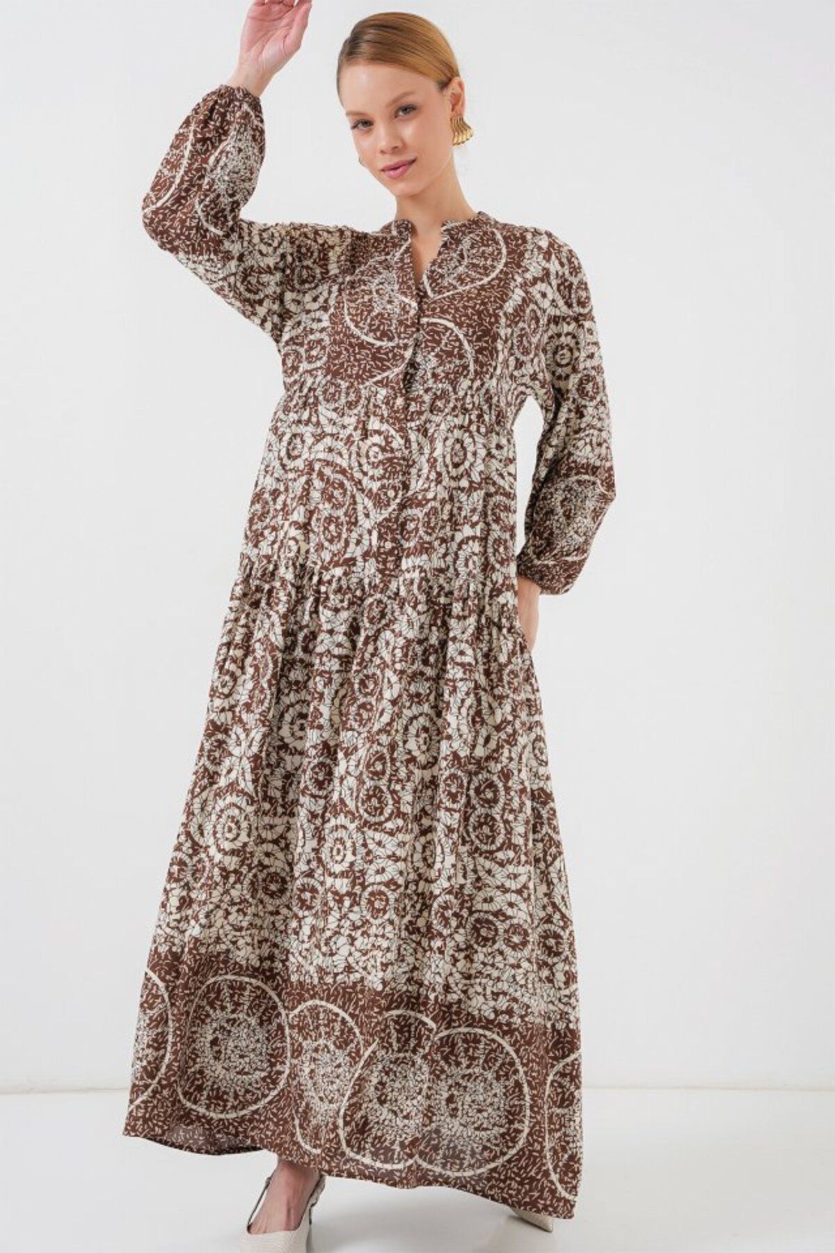 ASFSTORE 2423 Otantik Desenli Tesettür Elbise - Y.Kahve
