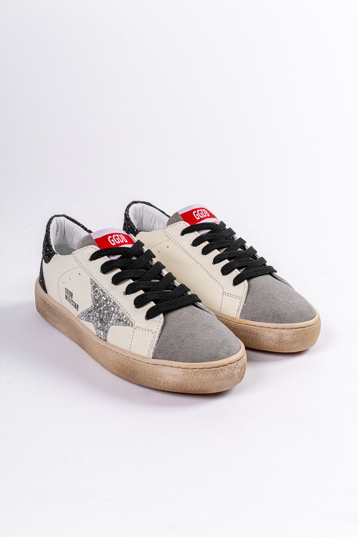 alkushoes Hakiki Deri Yıldız ve Pul Detaylı Eskitmeli Krem Kadın Sneaker Kirli Detaylı Günlük Spor Ayakkabı