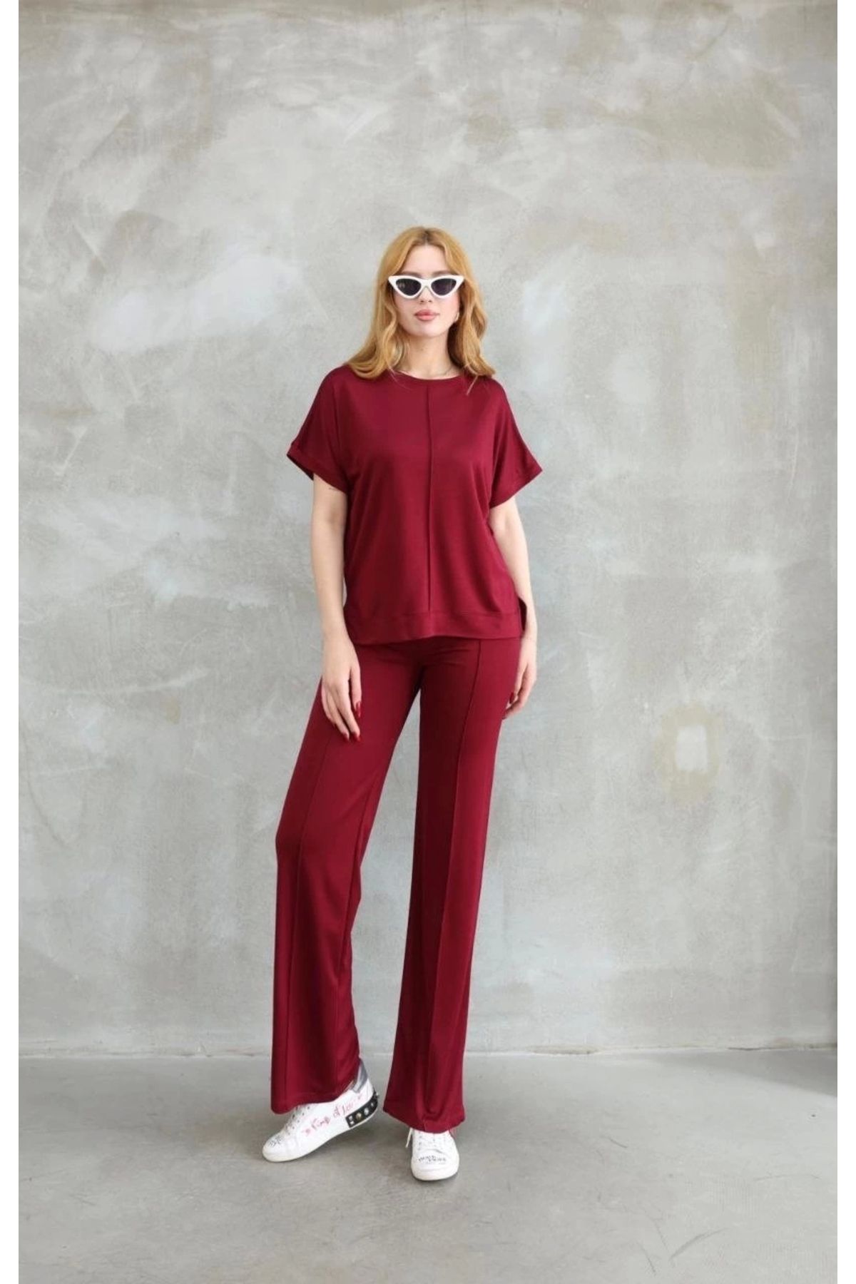 MODA Osy Modal Yumuşak dokulu Kumaş Bisiklet Yaka Kısa Kollu Takım - Bordo