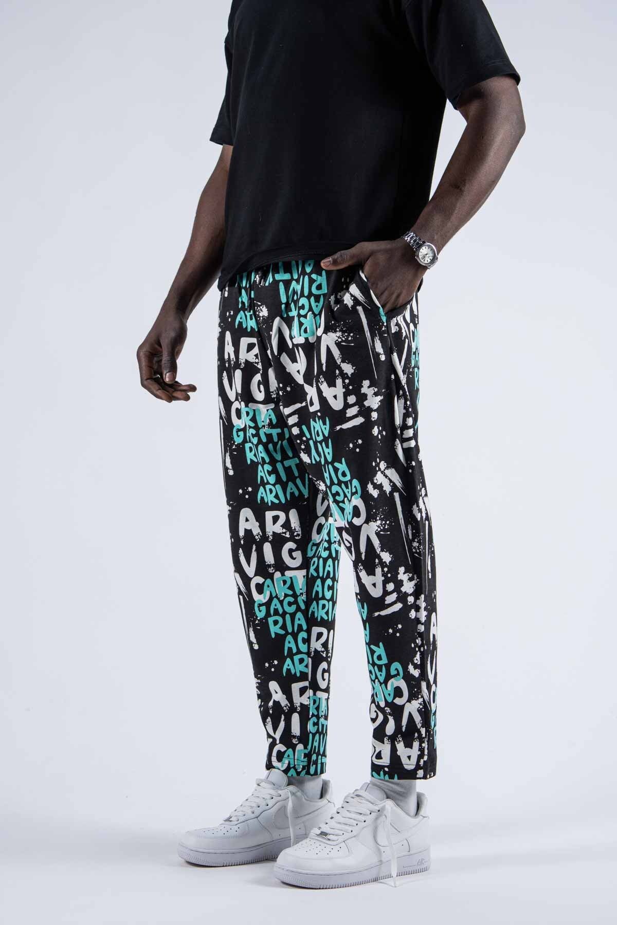 SUPERBLUE-Men's Patterned Loose Turquoise Trousers with Elastic Waist 3