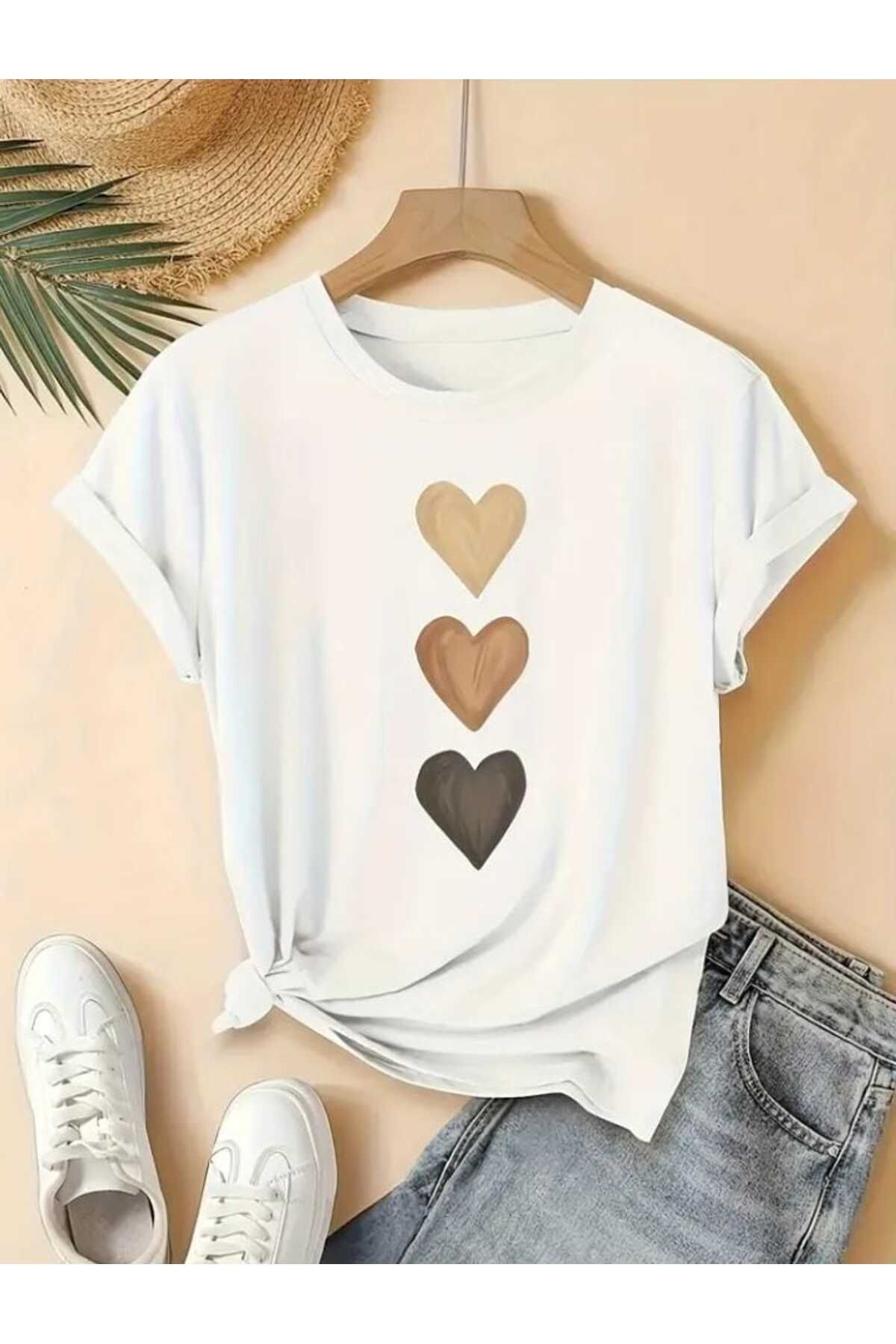 TekTarzz Unisex Kalp Desenli Baskılı Pamuklu Tshirt