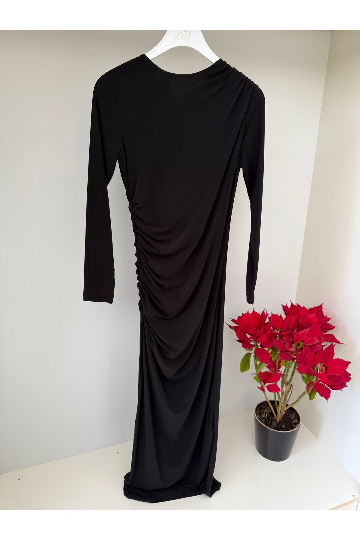 Sobe Drape Detaylı Uzun Yırtmaçlı Elbise