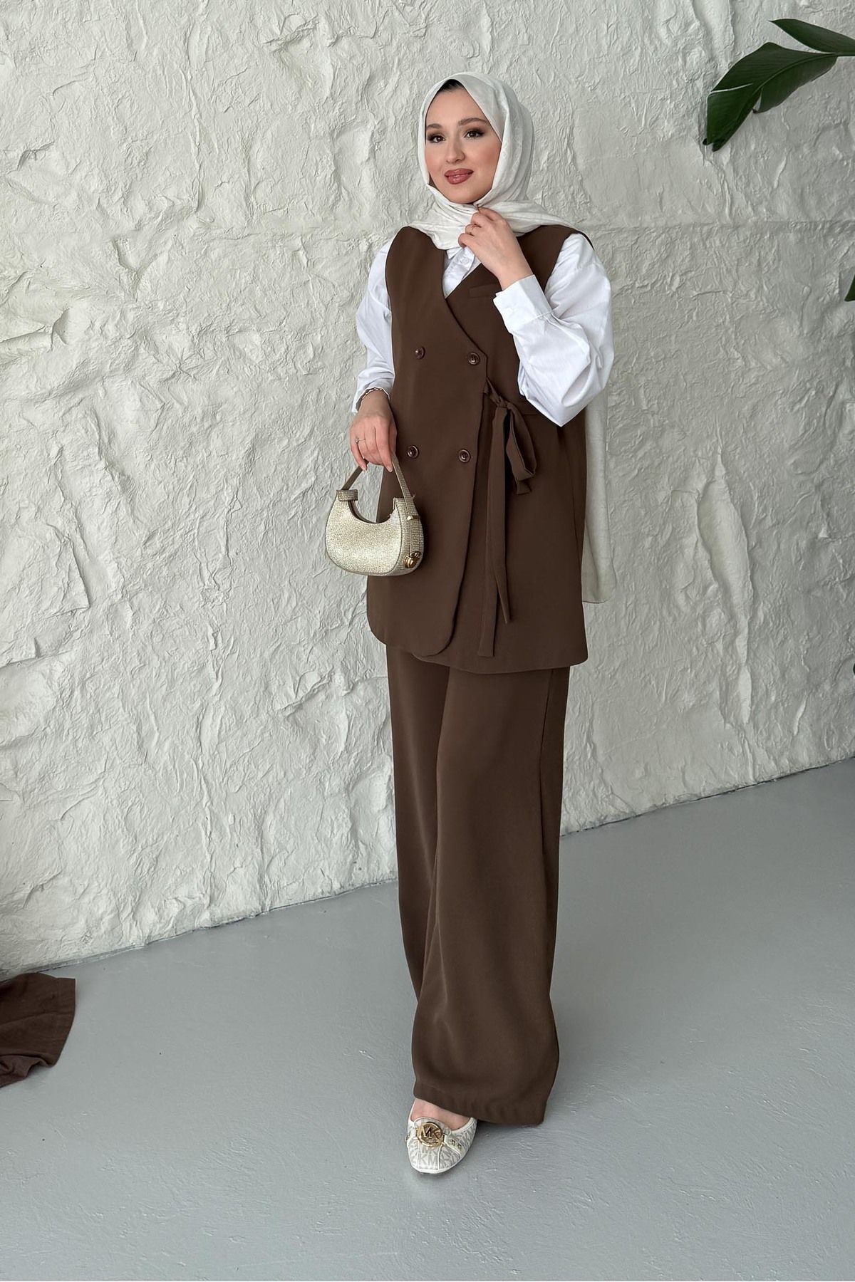 Rimel Moda Düğmeli Rich Takım Kahverengi