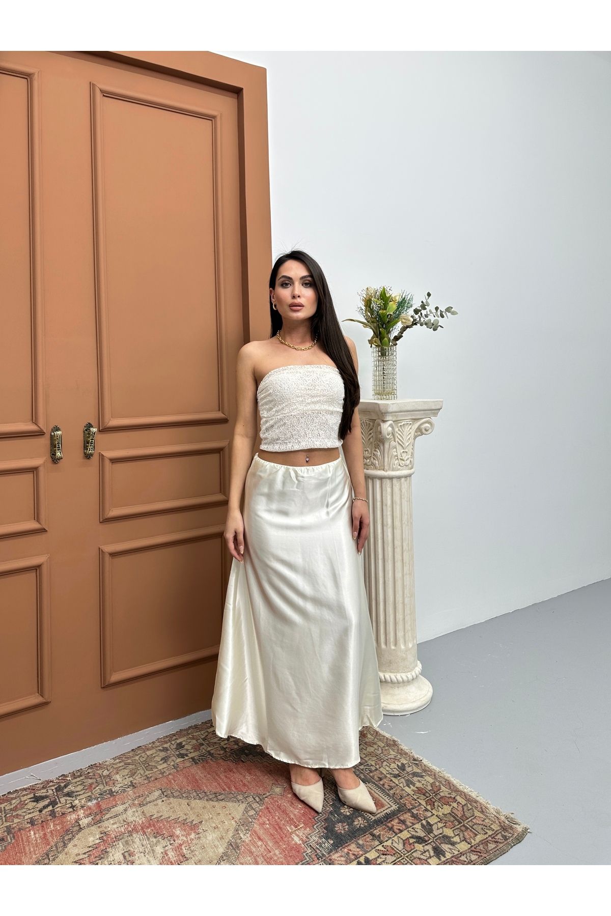 maf collection Kadın Bej Saten Bel Lastikli Etek