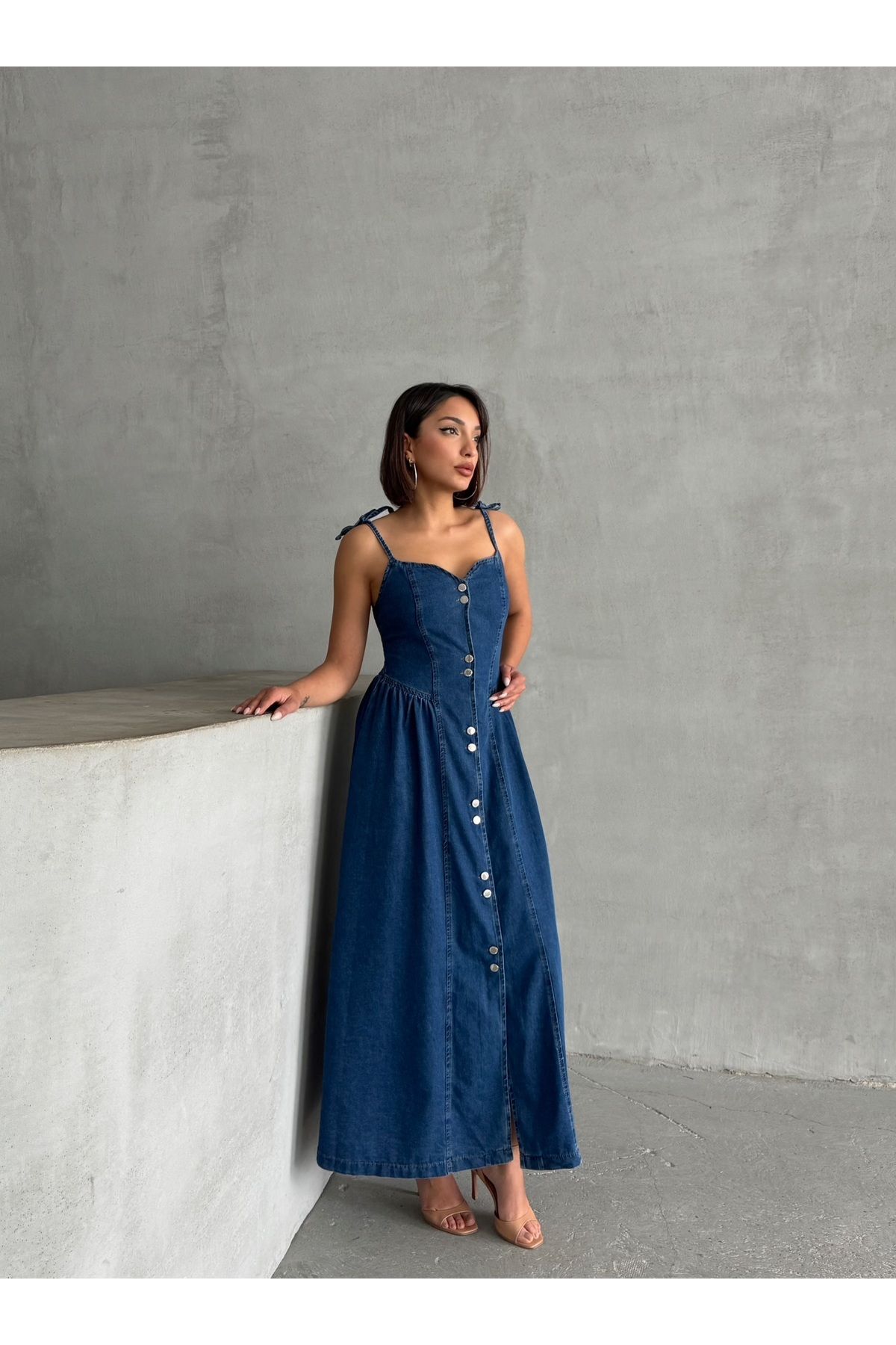 Miss Prova Boydan Çift Düğme Geçişli Bağlama Detay Askılı Lacivert Denim Elbise MISSEL927