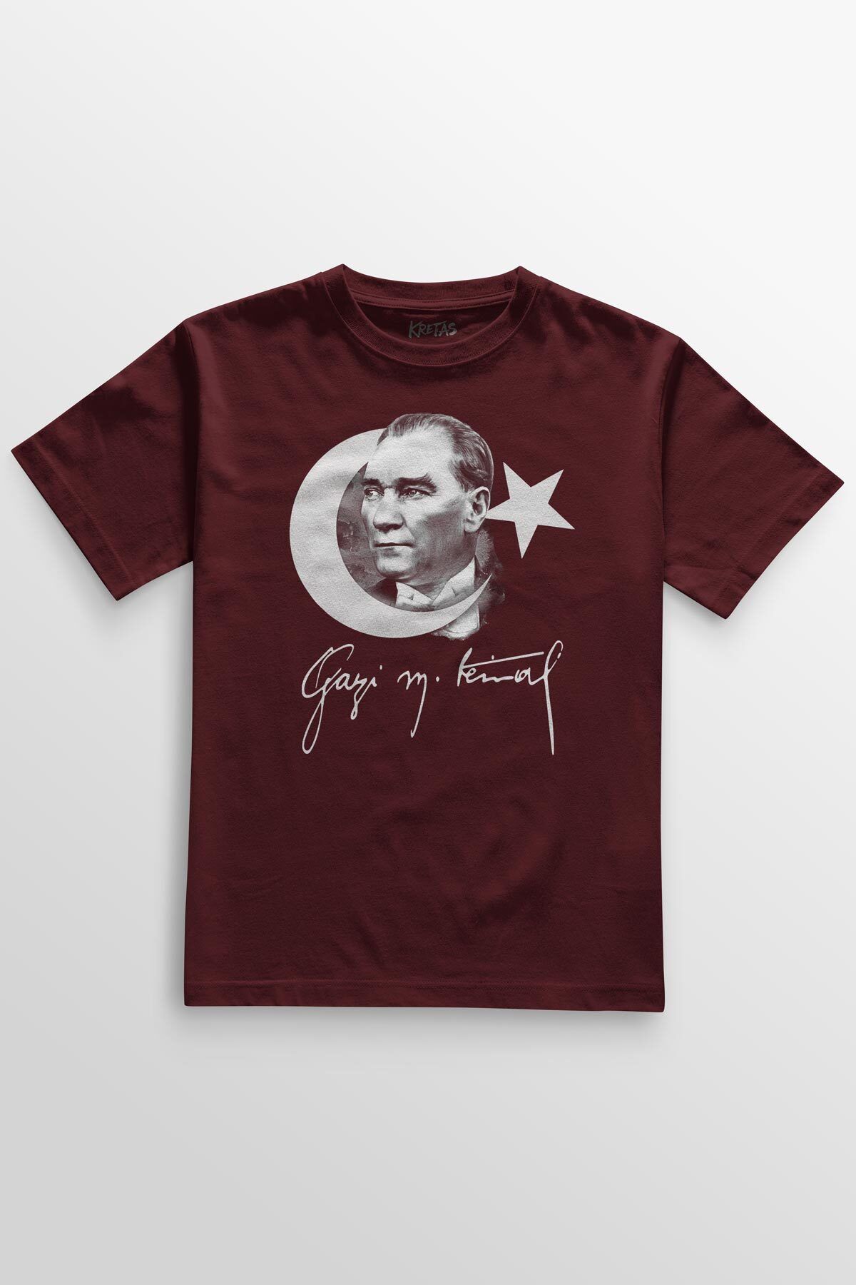 Kretas Atatürk Gazi Mustafa Kemal 19 Mayıs 10 Kasım Türk Bayrağı Baskılı Bordo T-shirt Unisex Tişört