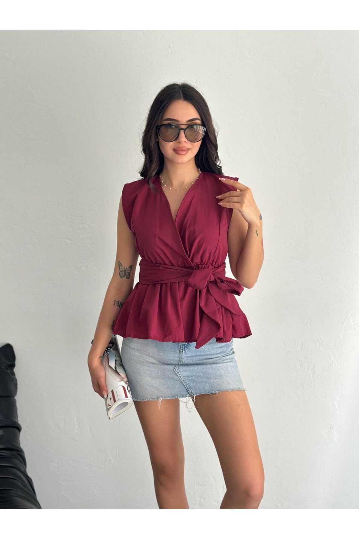 YAKAMOZ34BUTİK BEL LASTİK KUŞAKLI KRUVAZE GÖMLEK