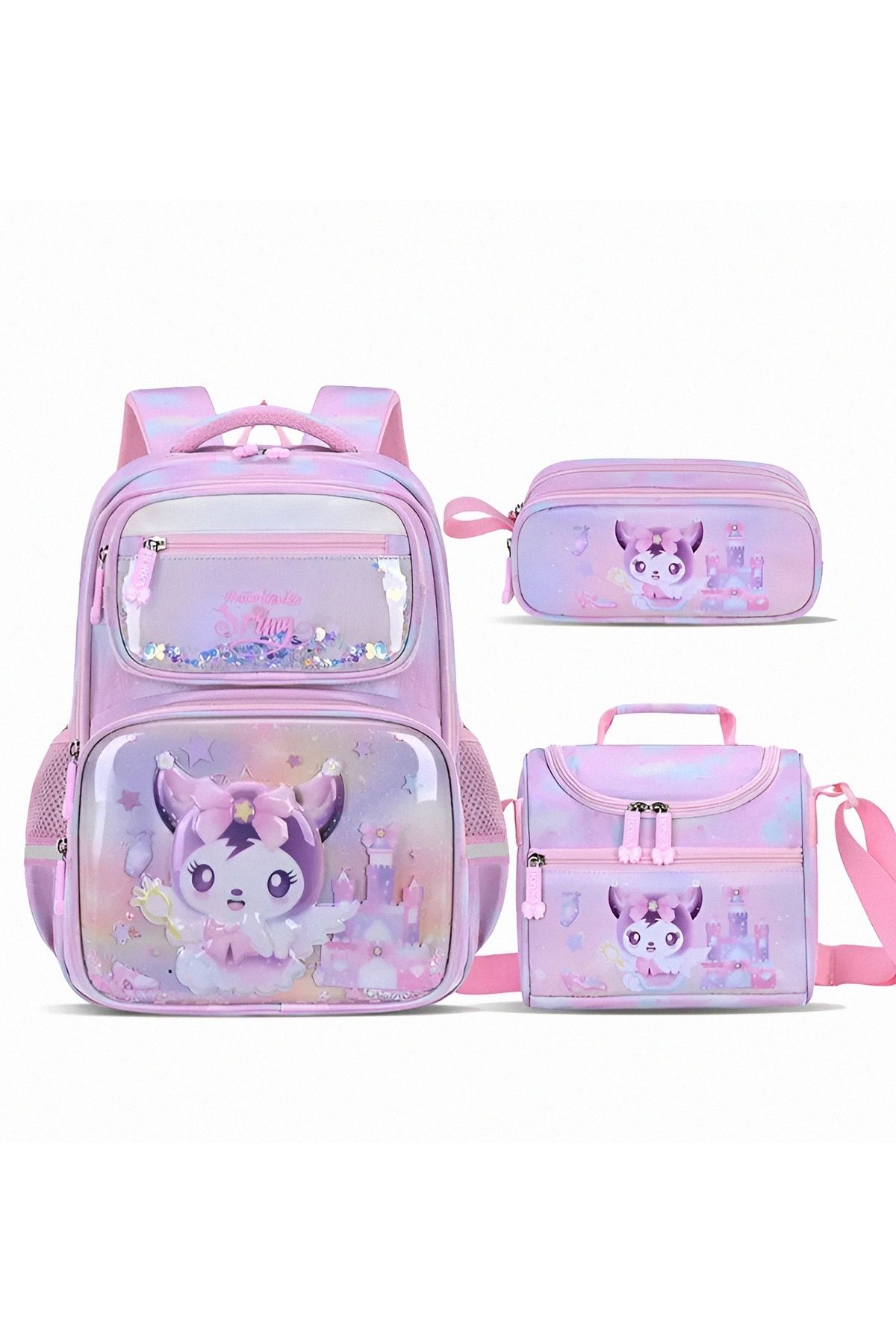 KumOziShop Ortopedik Kabartmalı Kuromi Kız Çocuk Büyük Boy Okul Çantası Termal Beslenme Ve Kalemlikli Set