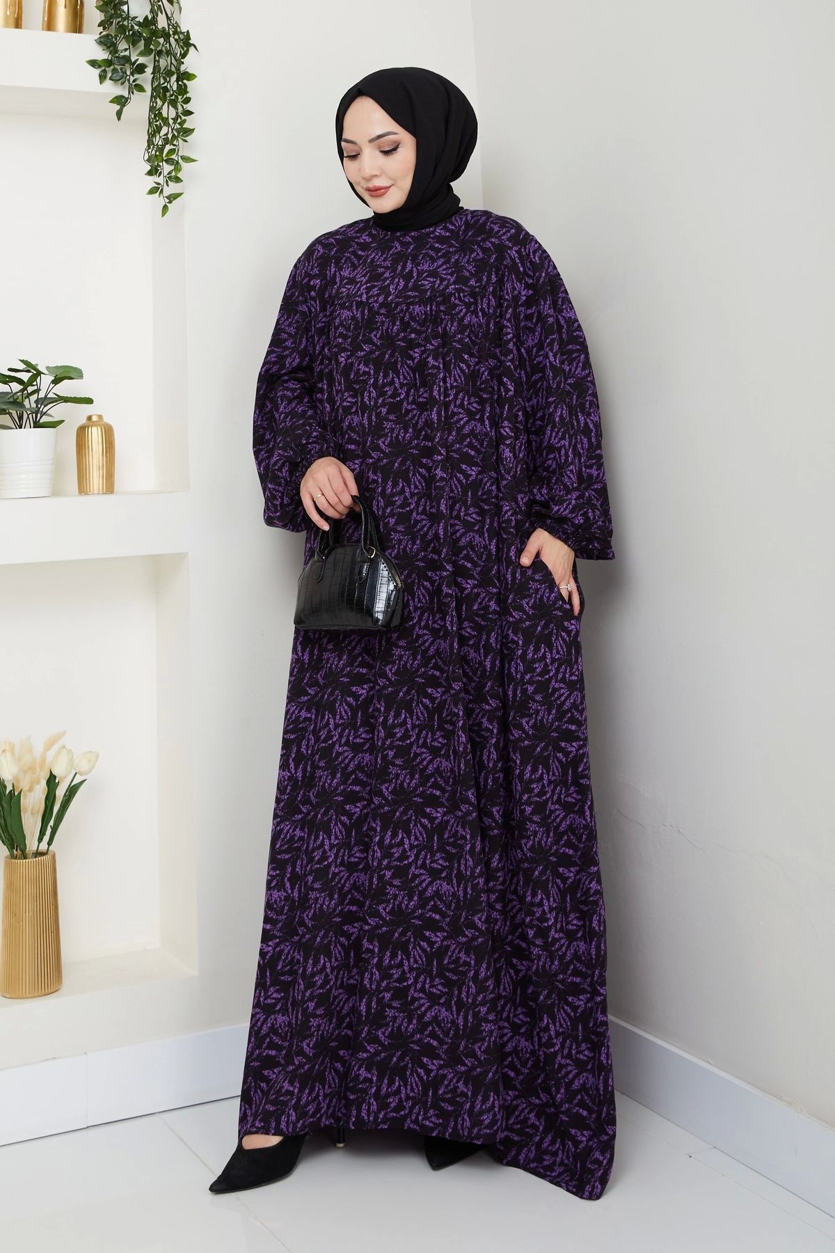Moda MSK Şık ve Rahat Robalı Büyük Beden Viskon Anne Elbisesi Mor