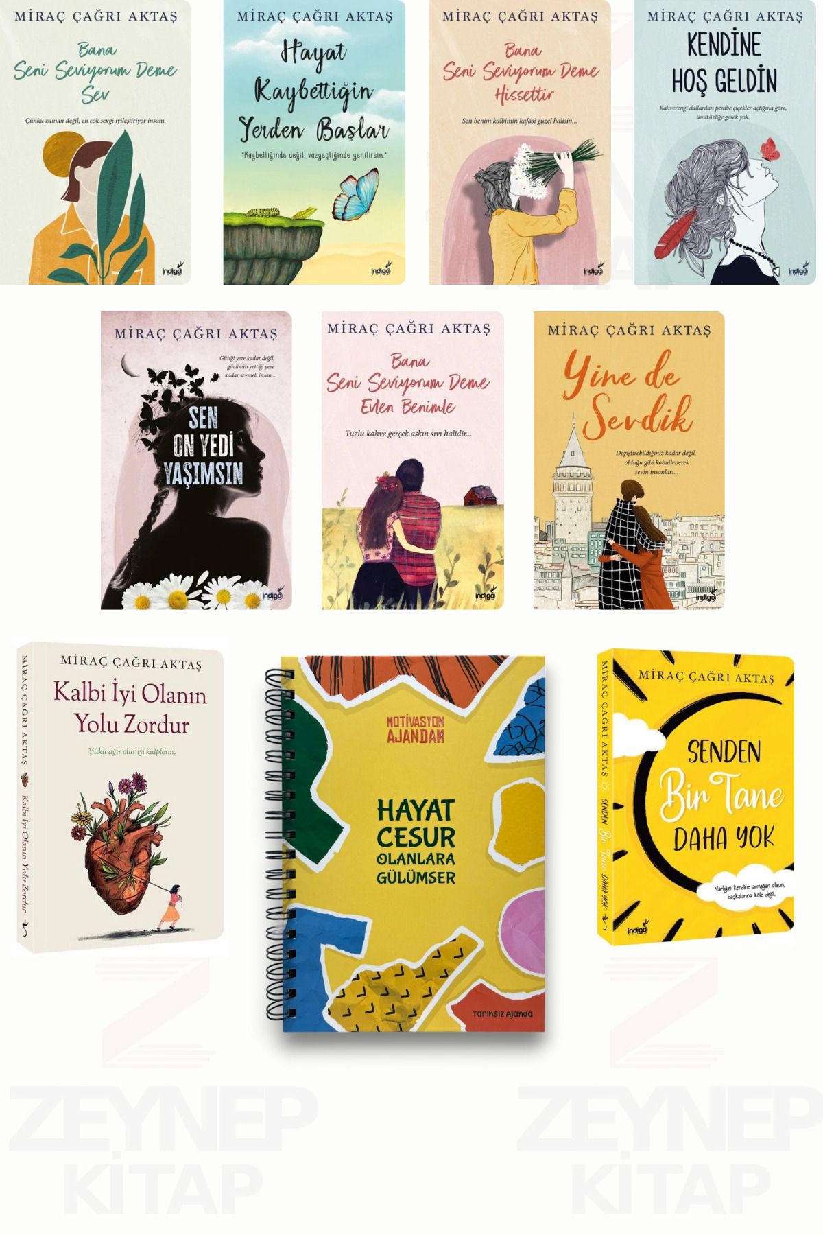 İndigo Kitap Miraç Çağrı Aktaş 9 Kitap Set ve Motivasyon Ajandam Tarihsiz Ajanda Hediye)