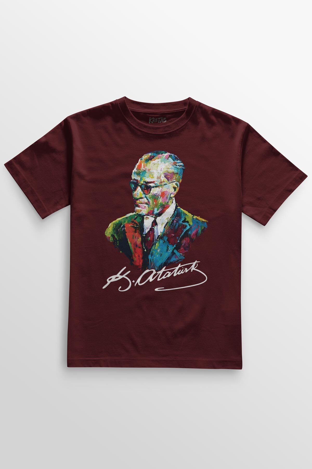 Kretas Bordo Renkli Tişört Atatürk Karizma Gözlüklü Gazi Mustafa Kemal 29 Ekim 19 Mayıs Baskılı T-shirt