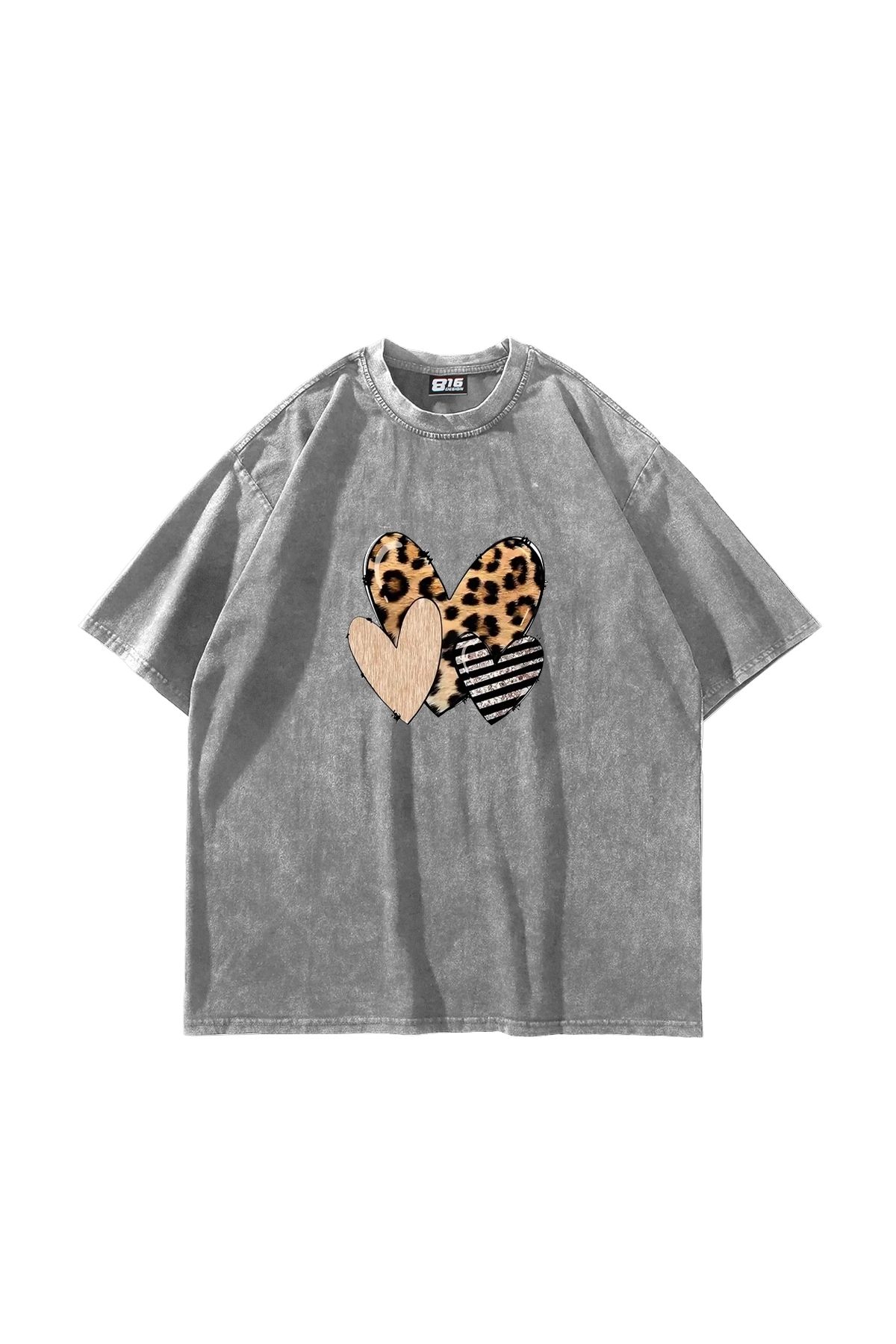 Sekizbiraltı Leopar Heart Baskılı Oversize Unisex Yıkamalı Beyaz Tshirt