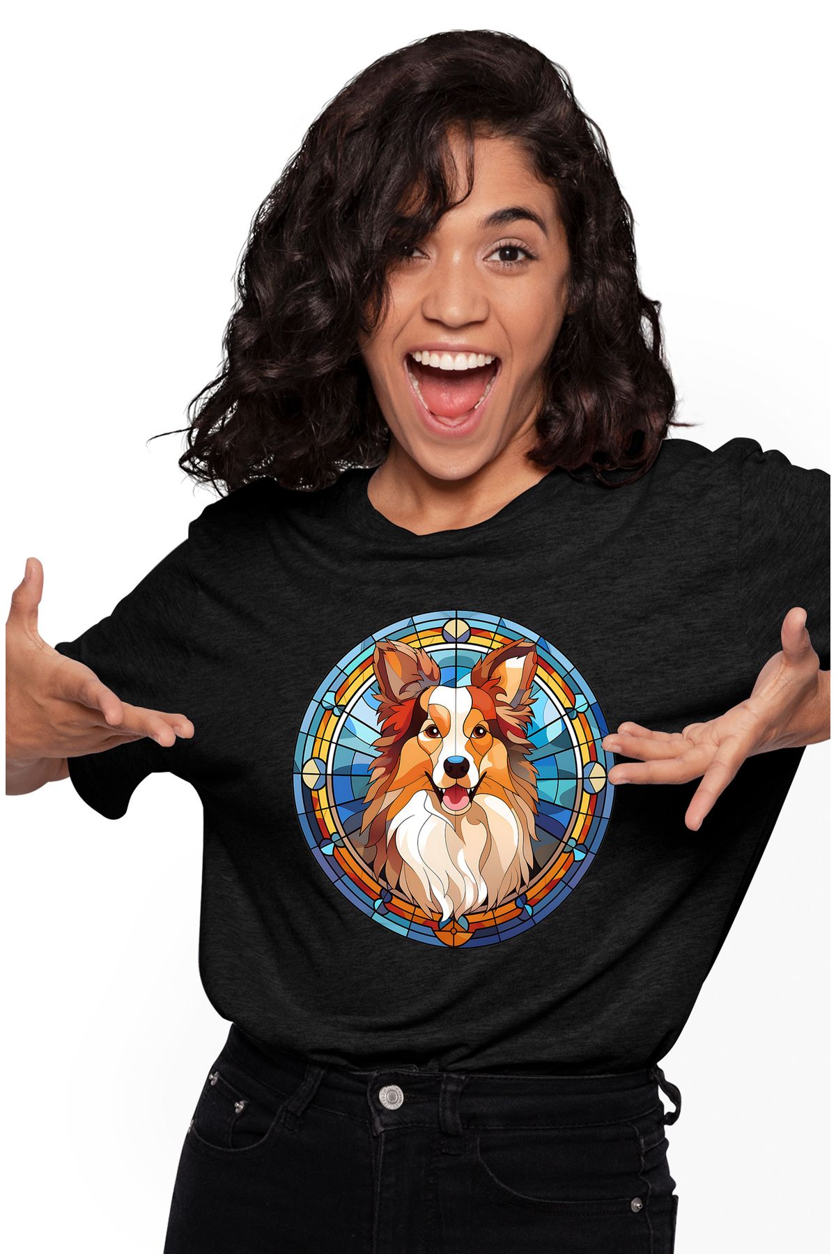StoryGift Romania Tricou Femei Cu Un Caine In Stil Mozaic, Ilustratie, Sticla, Prietenul Omului, P Blk_l Femeie - XS