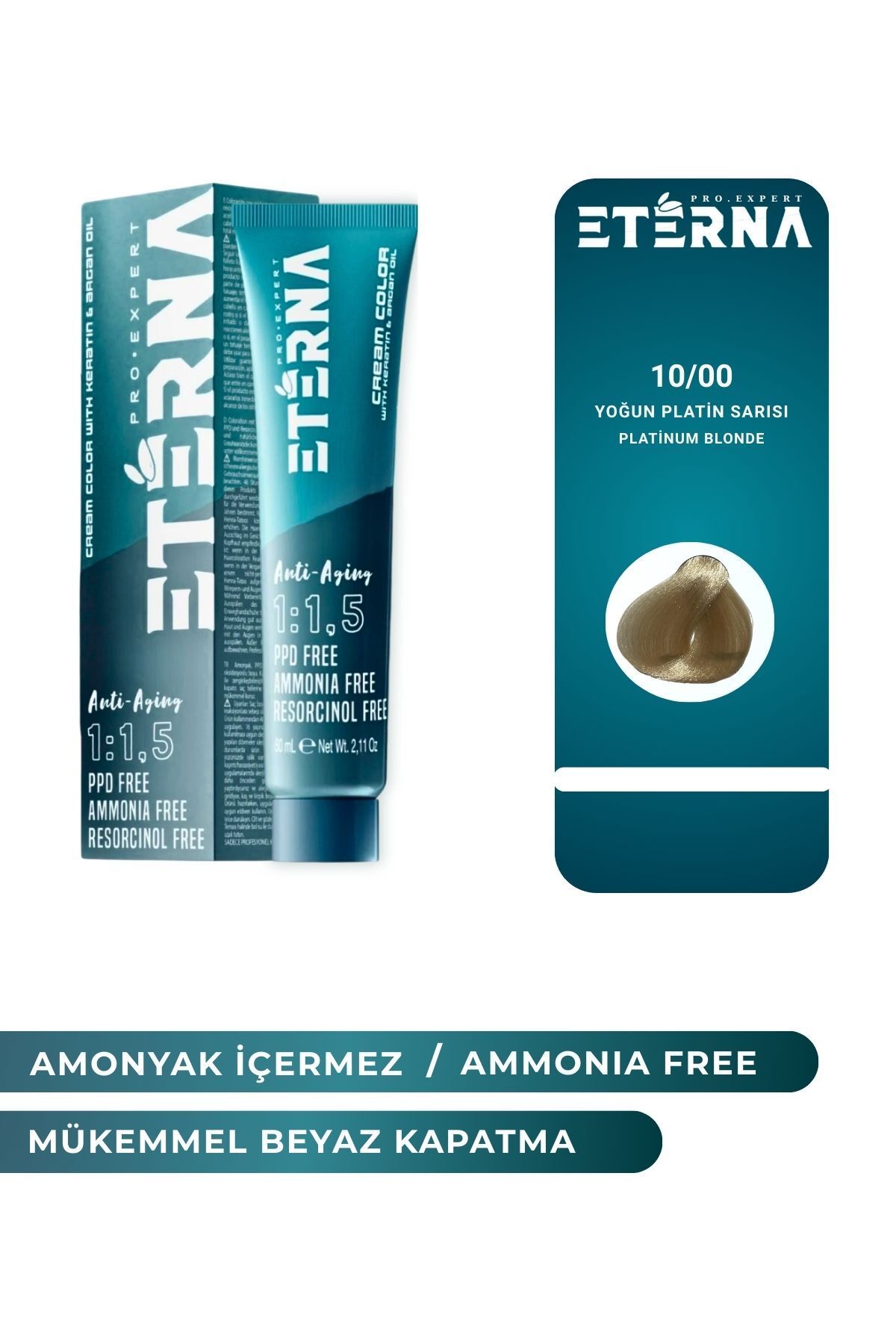 ETERNA Amonyaksız Organik İçerikli Saç Boyası 60ml 10/00 Yoğun Platin Sarısı ve 90ml Eterna Oksidan