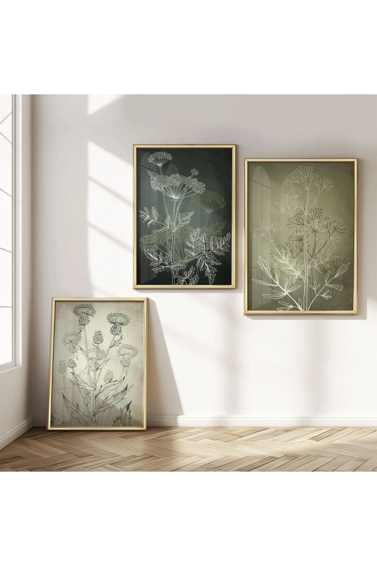 KOLAJTASARIM Modern Soyut Çiçek Motifli Gold Metal Çerçeveli Cam Tablo
