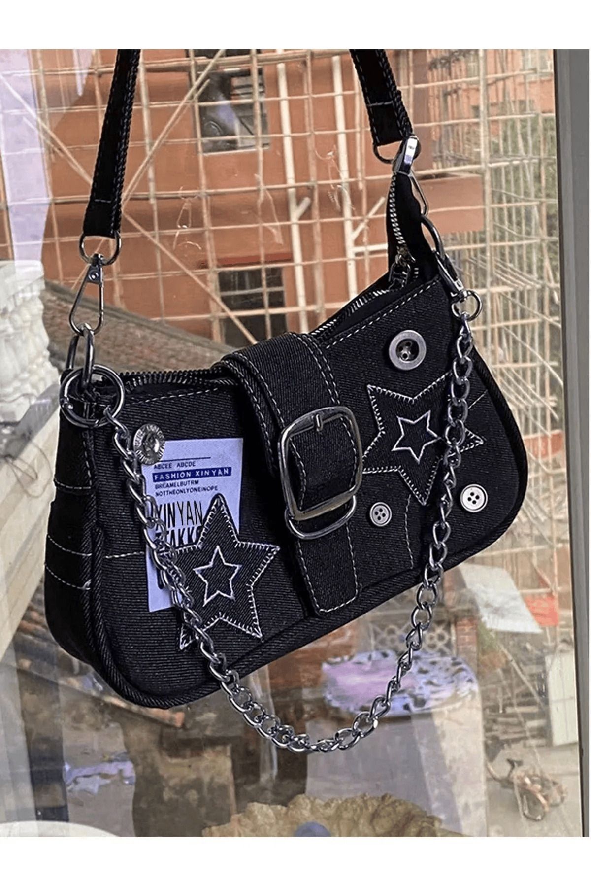 Zümrüt OYUNCAKHOME Kadın İthal Kalp Dekor Omuz Çantası Kol Çantası gotik