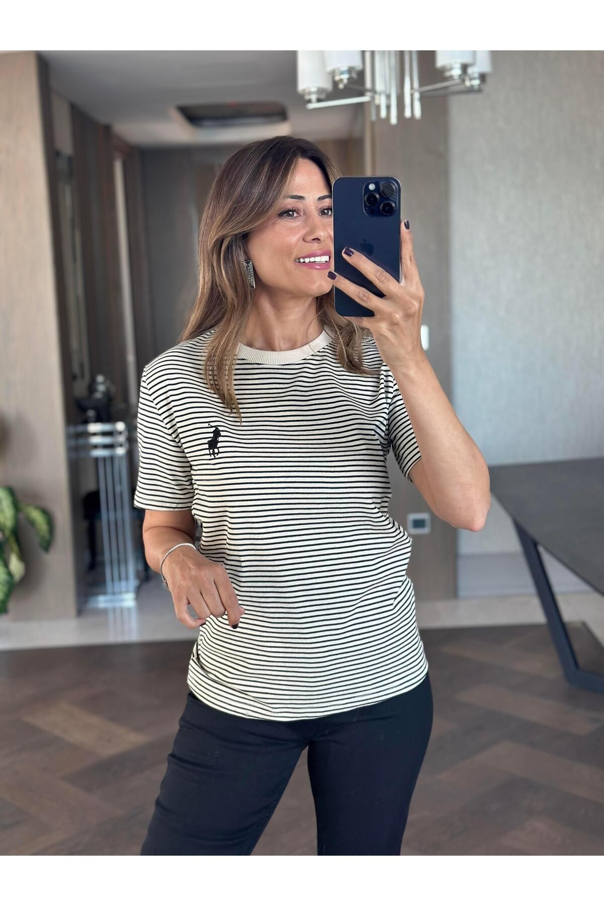 Forlady4 Ekru Çizgili Nakışlı Bisiklet Yaka Kadın T-Shirt