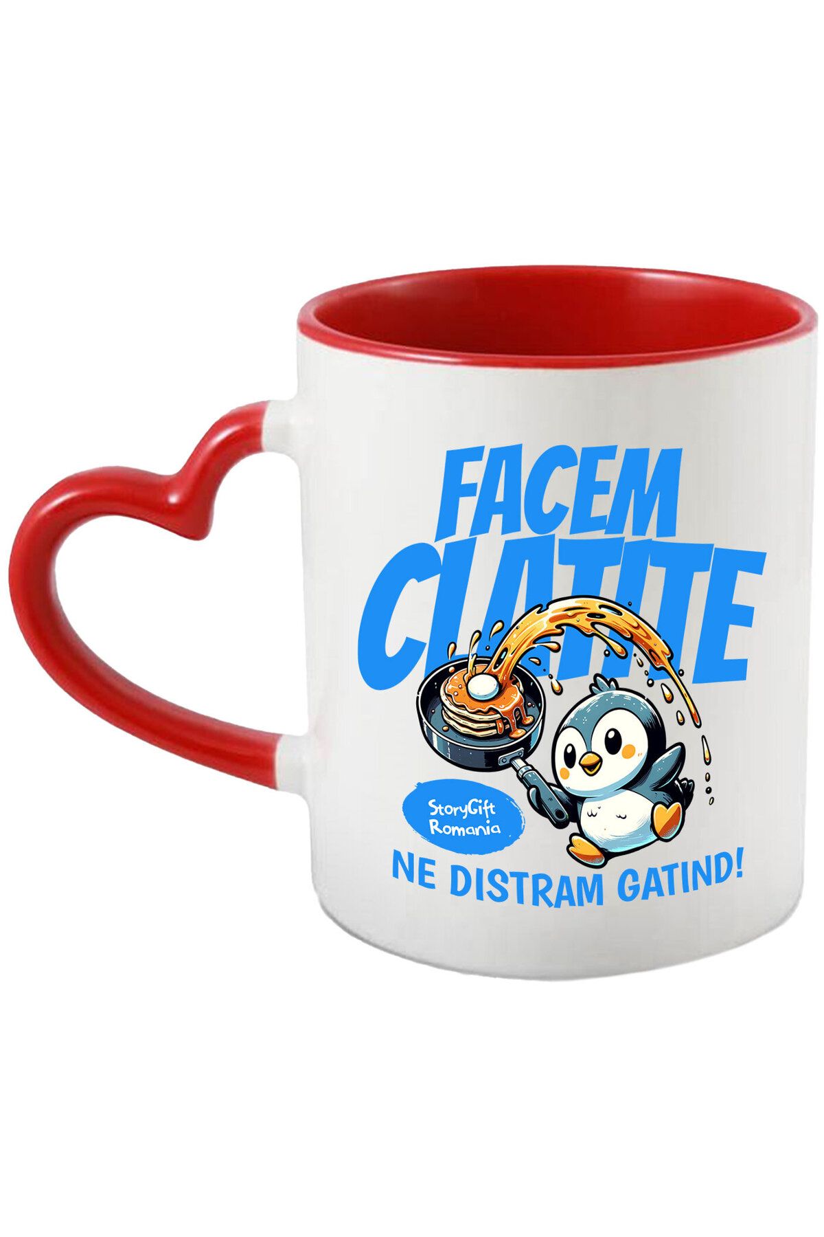 StoryGift Romania Cana Cu Pinguin In Bucatarie Cu Tigaie Clatite Text Facem Clatite Ne Distram Gat, Cu Maner Inim Stg - One Size