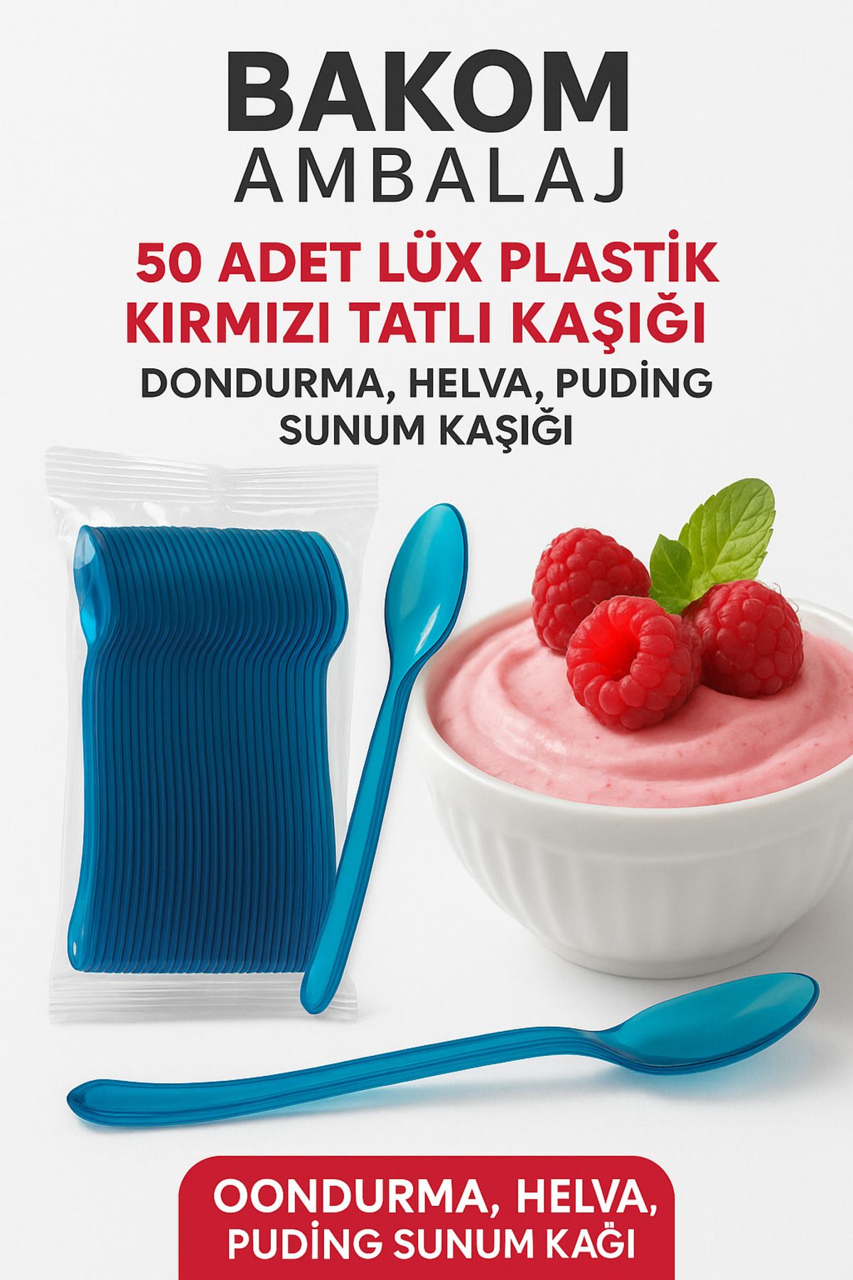 BAKOM AMBALAJ 50 Adet Lüx Plastik Mavi Tatlı Kaşığı | Dondurma, Helva, Puding Sunum Kaşığı