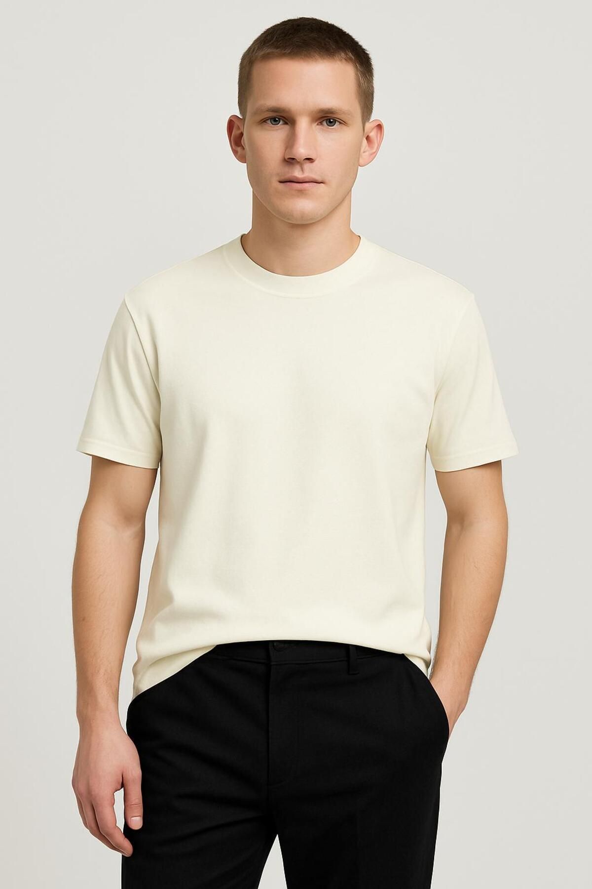 MONARCHMODA 2025 Summer Erkek Premium Ekru Kısa Kol Tshirt %100 Pamuk