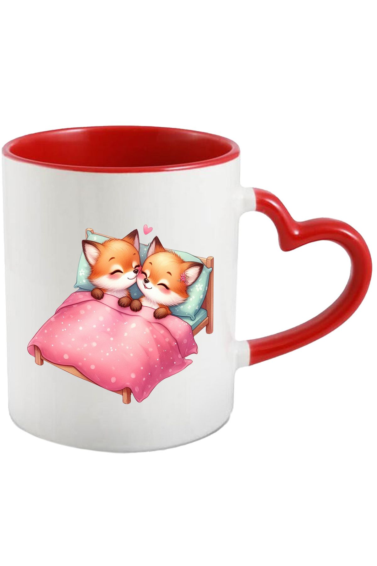 StoryGift Romania Cana Cu O Vulpita Si Un Vulpoi Care Stau In Pat | Ilustratie | Patura | Ora De C, Cu Maner Inim Stg - One Size