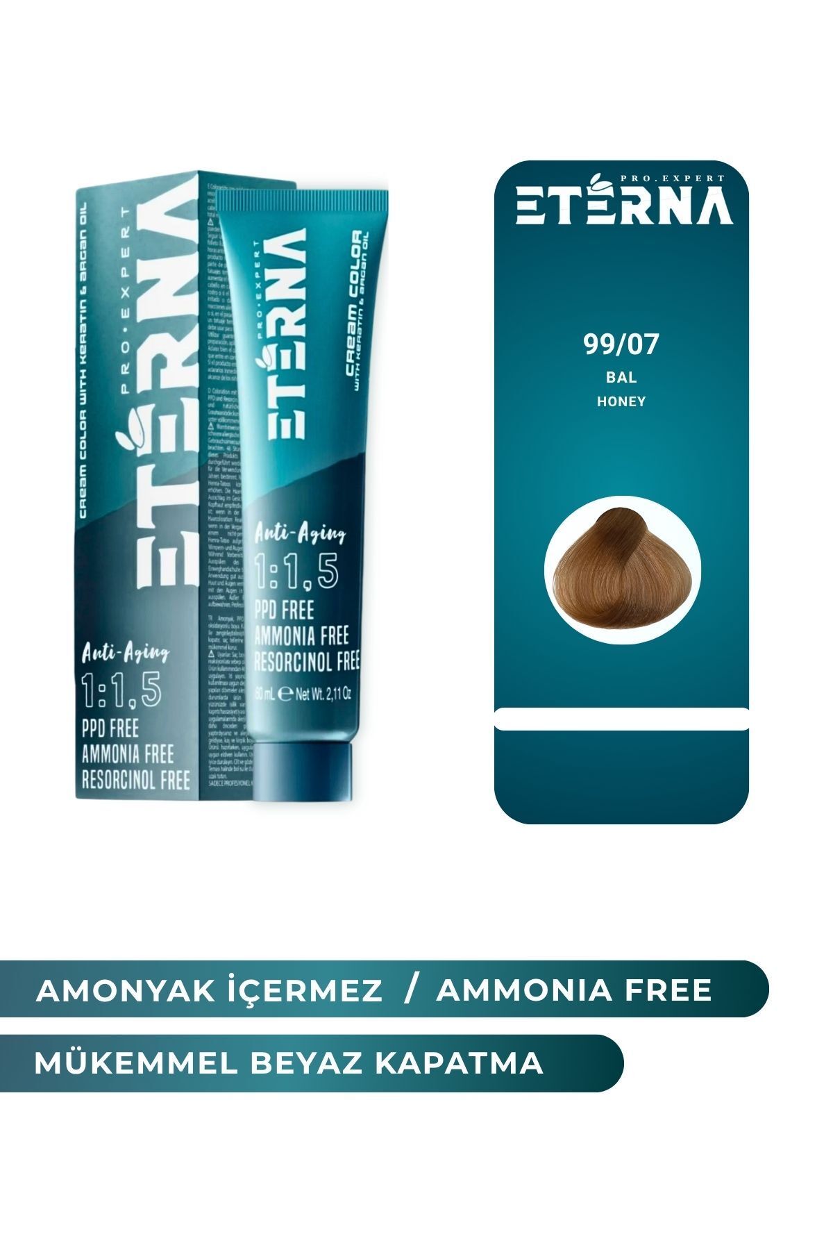 ETERNA Amonyaksız Organik İçerikli Saç Boyası 60 ml 99/07 Bal ve 90 ml Eterna Oksidan