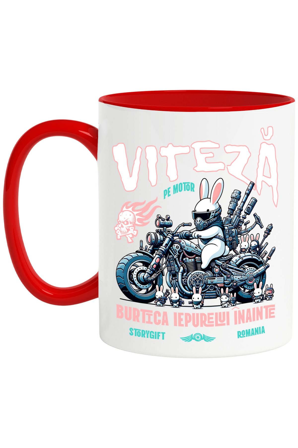 StoryGift Romania Cana Viteza Pe Motor Burtica Inainte, Iepure Motociclist, 330ml, Ceramic Cu Mane, Cu Maner Rosu Stg - One Size