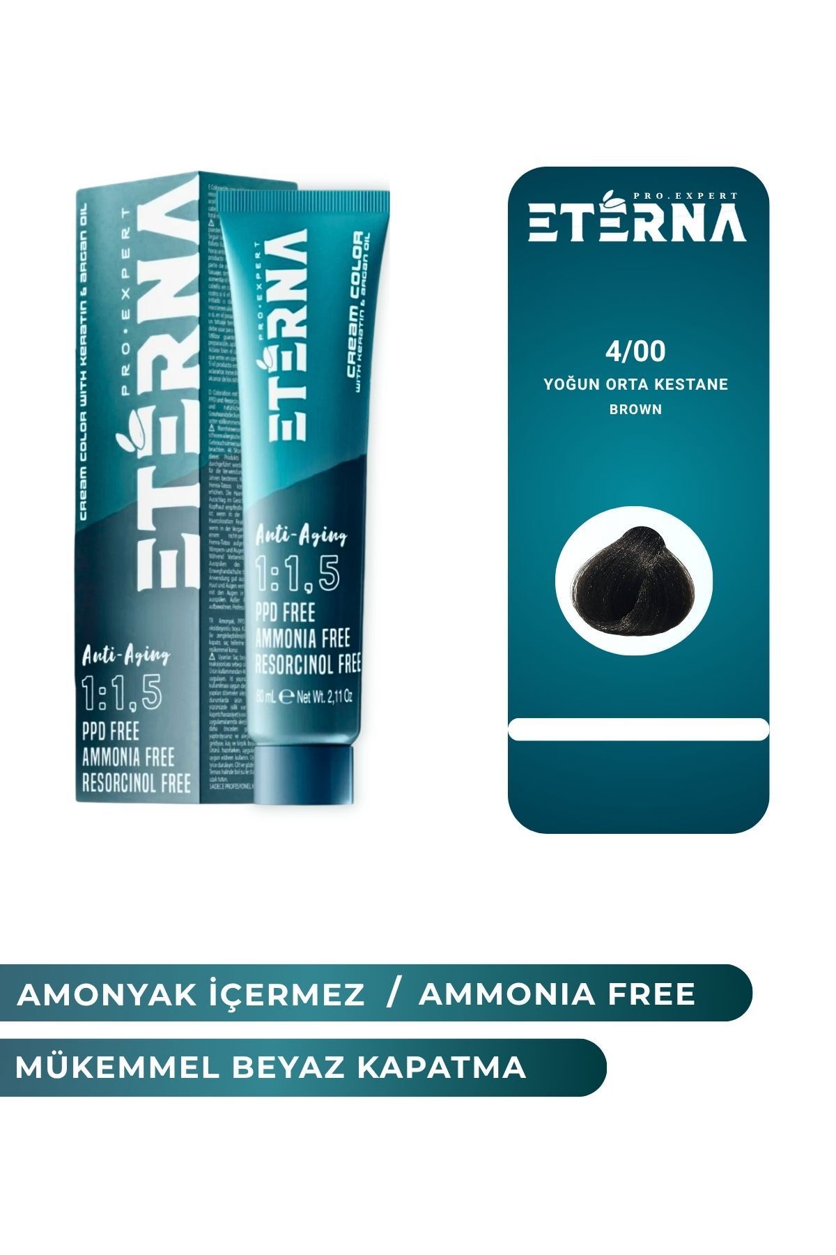 ETERNA Amonyaksız Organik İçerikli Saç Boyası 60 ml 4/00 Yoğun Orta Kestane ve 90 ml Eterna Oksidan
