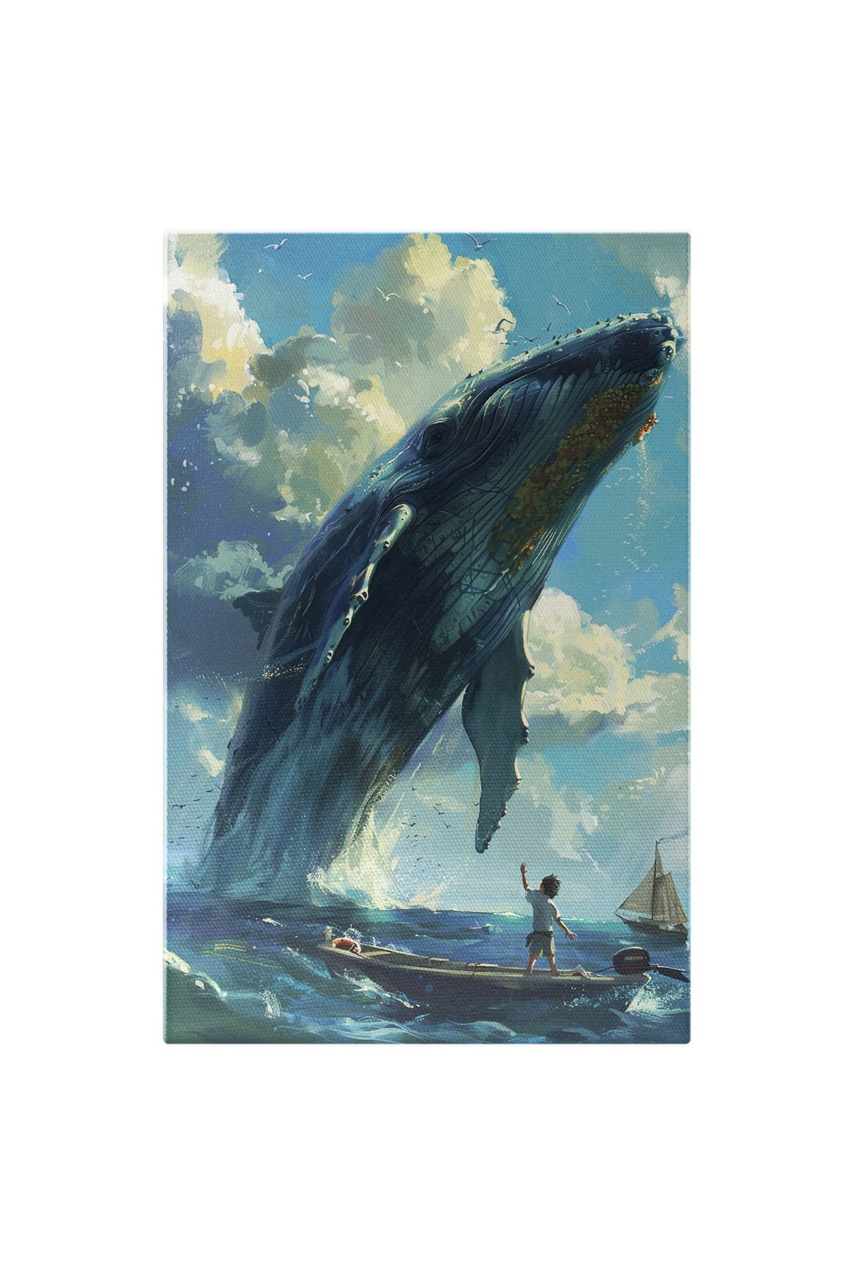 StoryGift Romania Tablou Canvas: Balena Albastra Gigantica Sperie Un Copil Aflat Intr-o Barca Cu Motor Pe Marea - 40 x 25