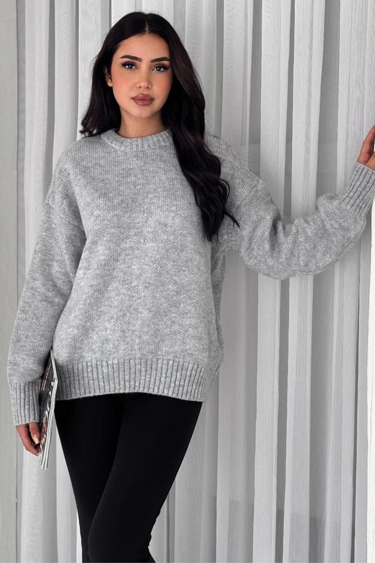 Moda Amore Kadın Triko Bisiklet Yaka Oversize Triko Kazak 110
