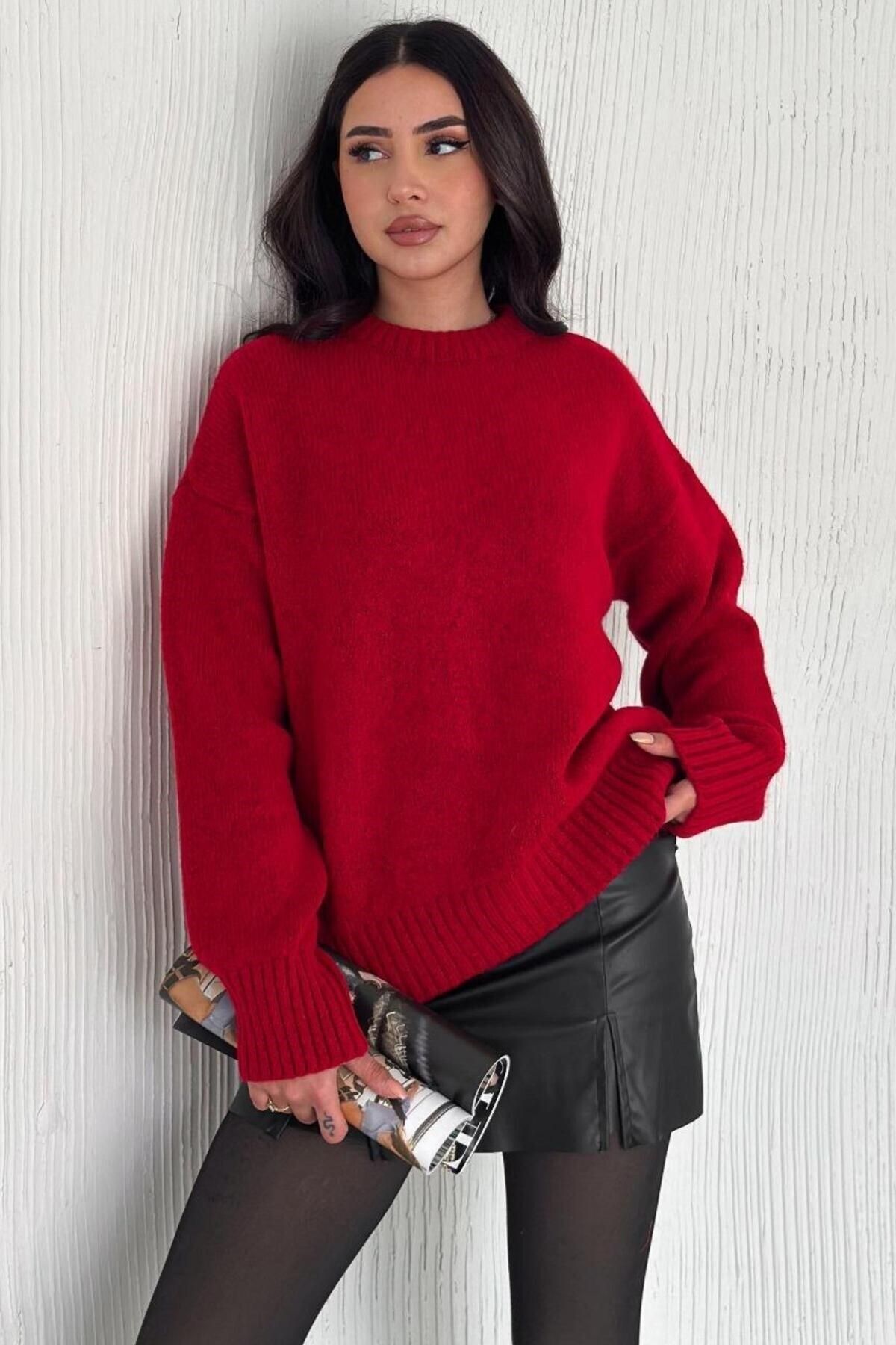 Moda Amore Kadın Triko Bisiklet Yaka Oversize Triko Kazak 110